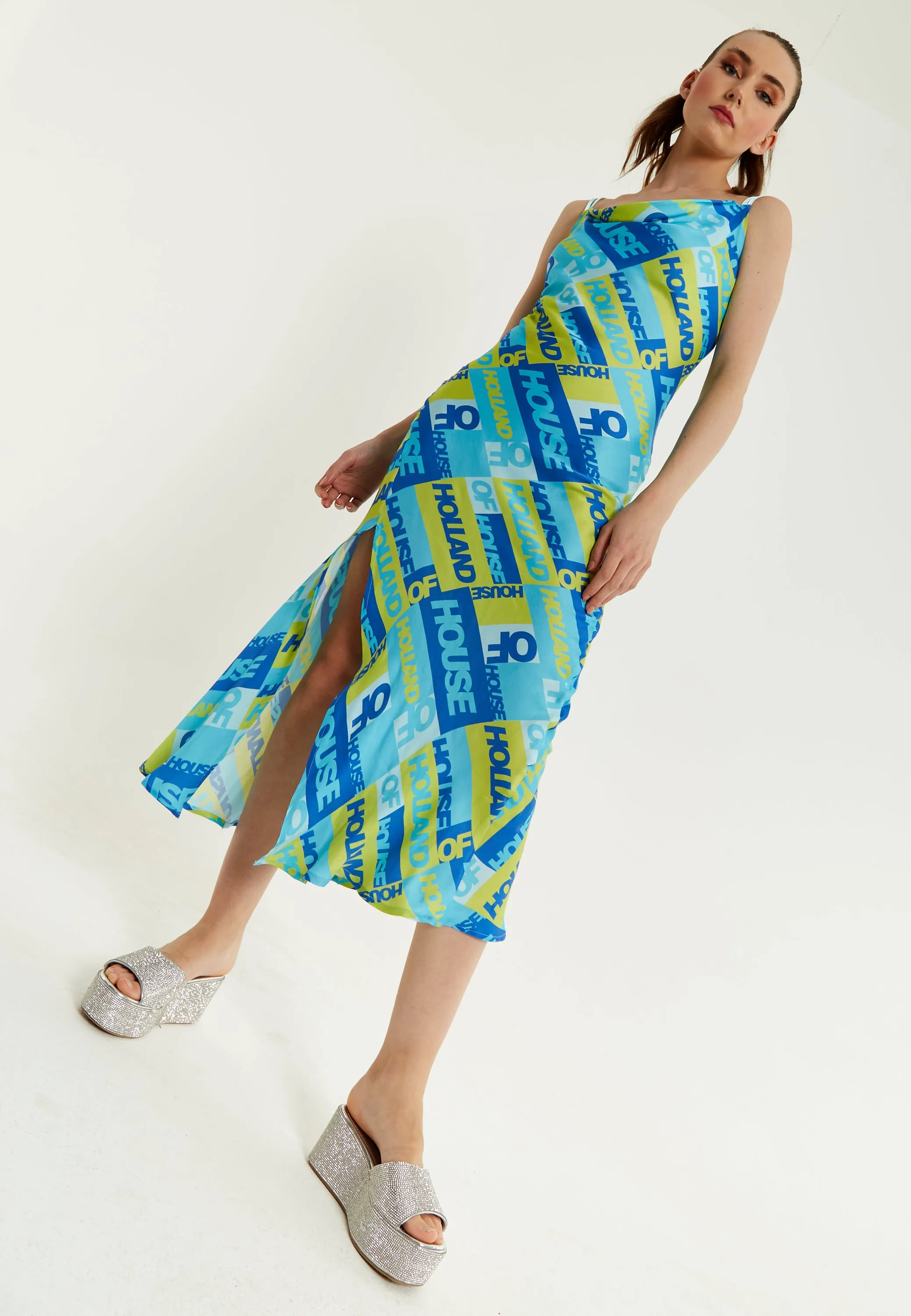 House Of Holland Printed Cowl Neck Midi Dress