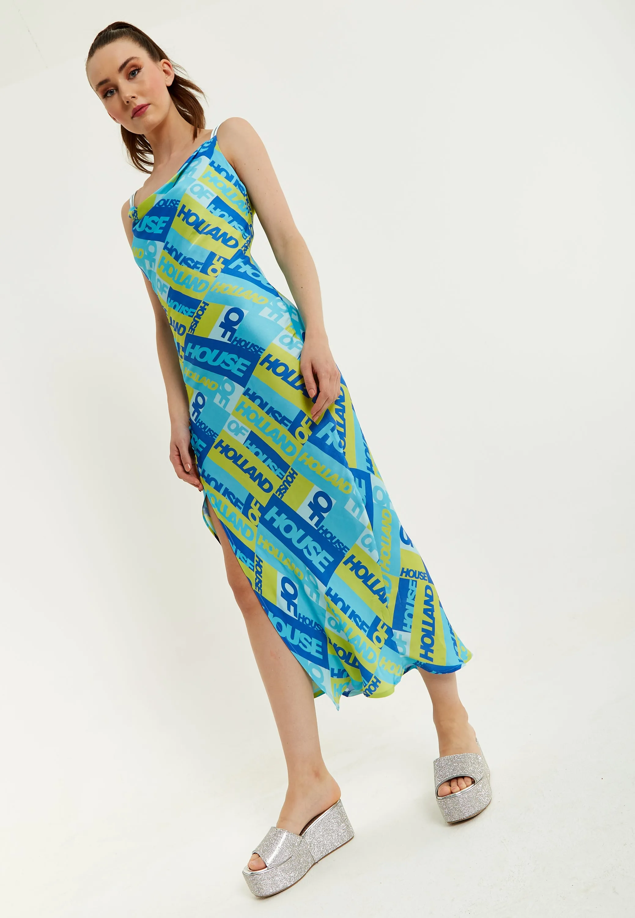 House Of Holland Printed Cowl Neck Midi Dress