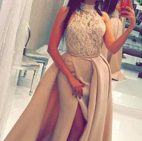 lace appliqué evening dresses long detachable skirt high neck beaded champagne evening gown