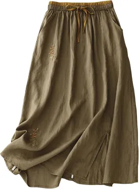 Linen Maxi Skirt, Women's Summer Bohemian Long Skirt, Cotton Elastic Waist Band Maxi Skirt Beach Party Holiday Skirt