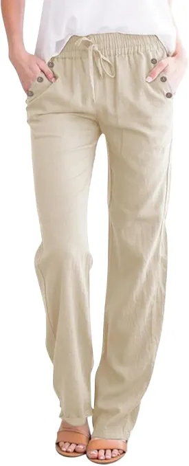 Linen Pants Women Straight Leg Lightweight Elastic Waist Pants Summer Relaxed Fit Plus Size Loose Trousers