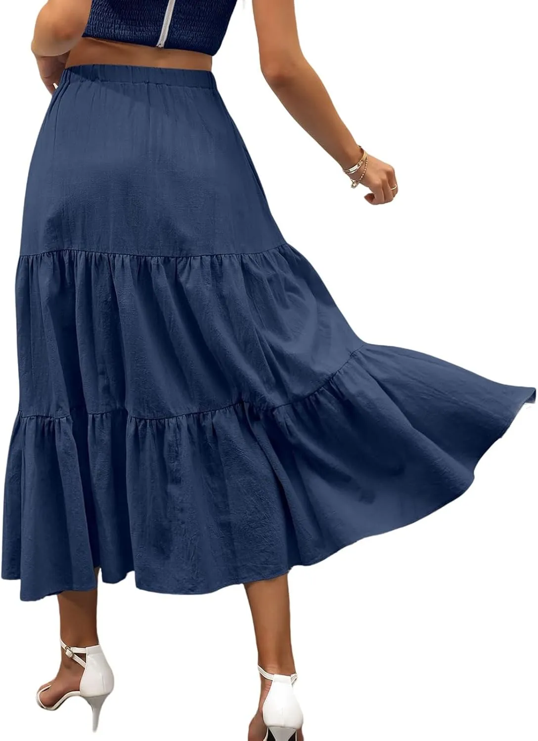 Long Skirts for Women Summer Boho Flowy Elastic Waist A-Line Maxi Skirt Pleated Tiered Swing Long Beach Dress with Pockets