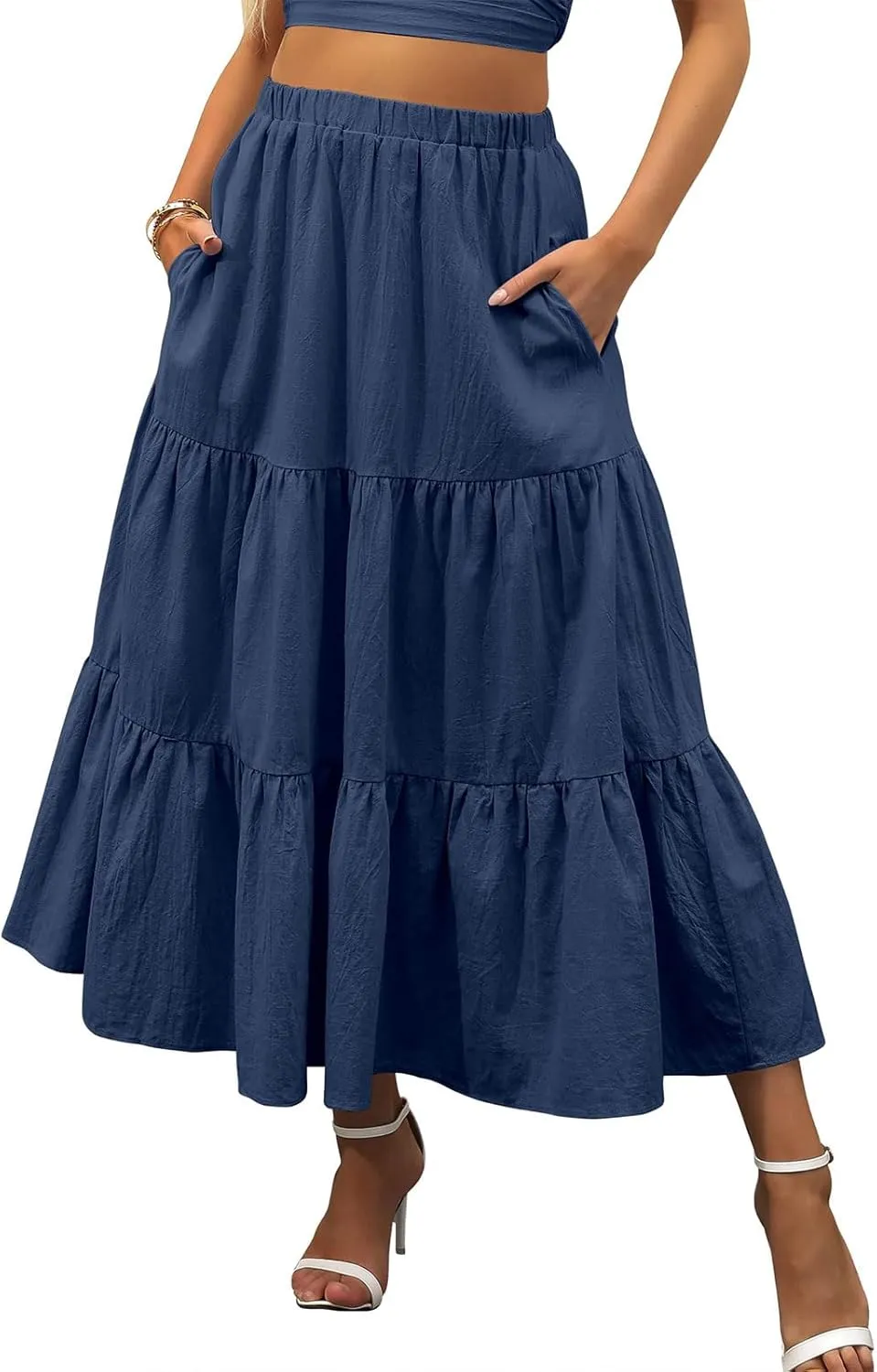 Long Skirts for Women Summer Boho Flowy Elastic Waist A-Line Maxi Skirt Pleated Tiered Swing Long Beach Dress with Pockets