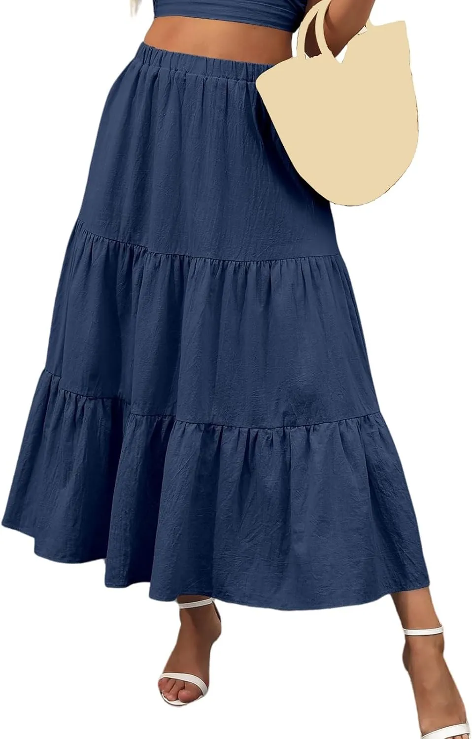 Long Skirts for Women Summer Boho Flowy Elastic Waist A-Line Maxi Skirt Pleated Tiered Swing Long Beach Dress with Pockets