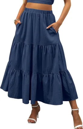 Long Skirts for Women Summer Boho Flowy Elastic Waist A-Line Maxi Skirt Pleated Tiered Swing Long Beach Dress with Pockets