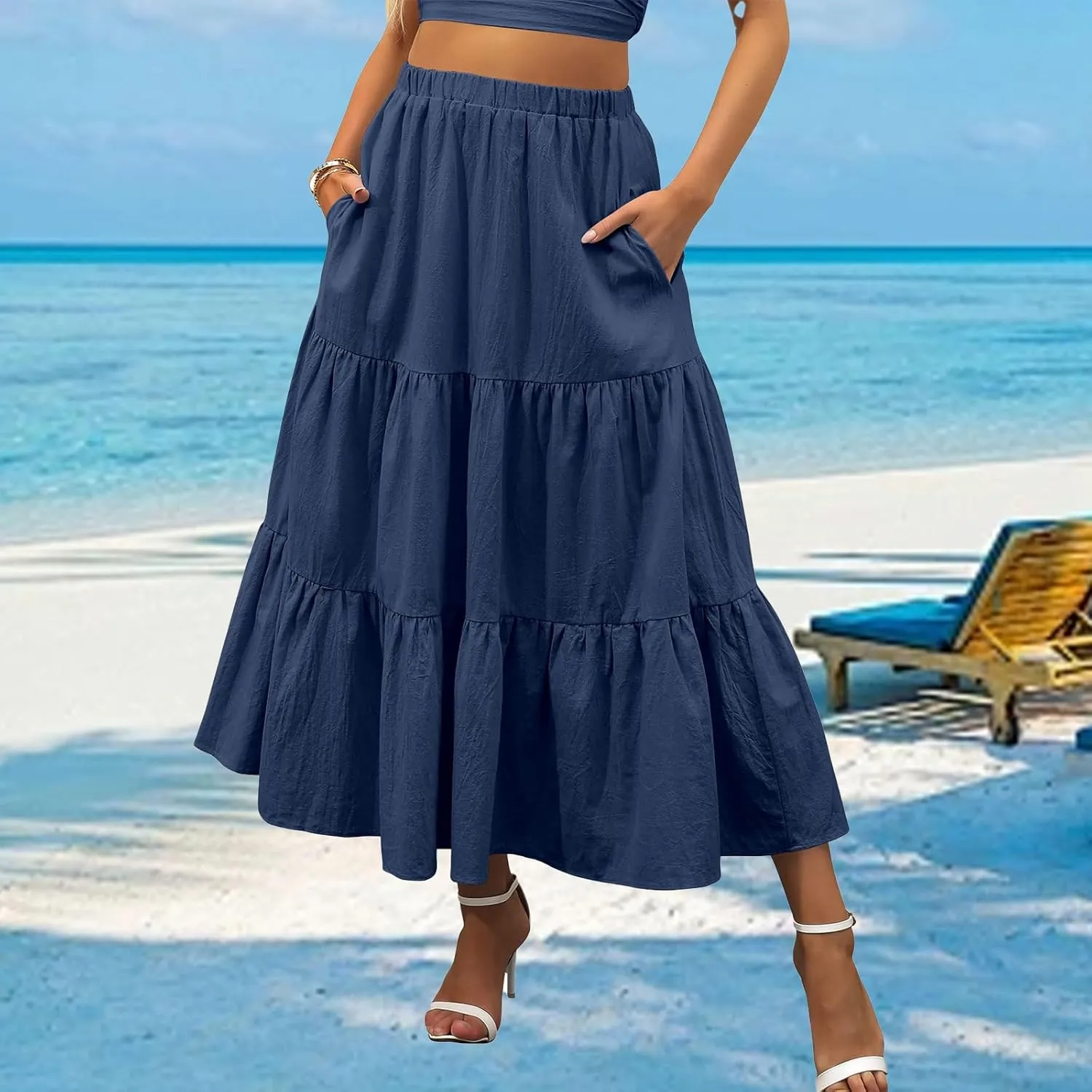 Long Skirts for Women Summer Boho Flowy Elastic Waist A-Line Maxi Skirt Pleated Tiered Swing Long Beach Dress with Pockets