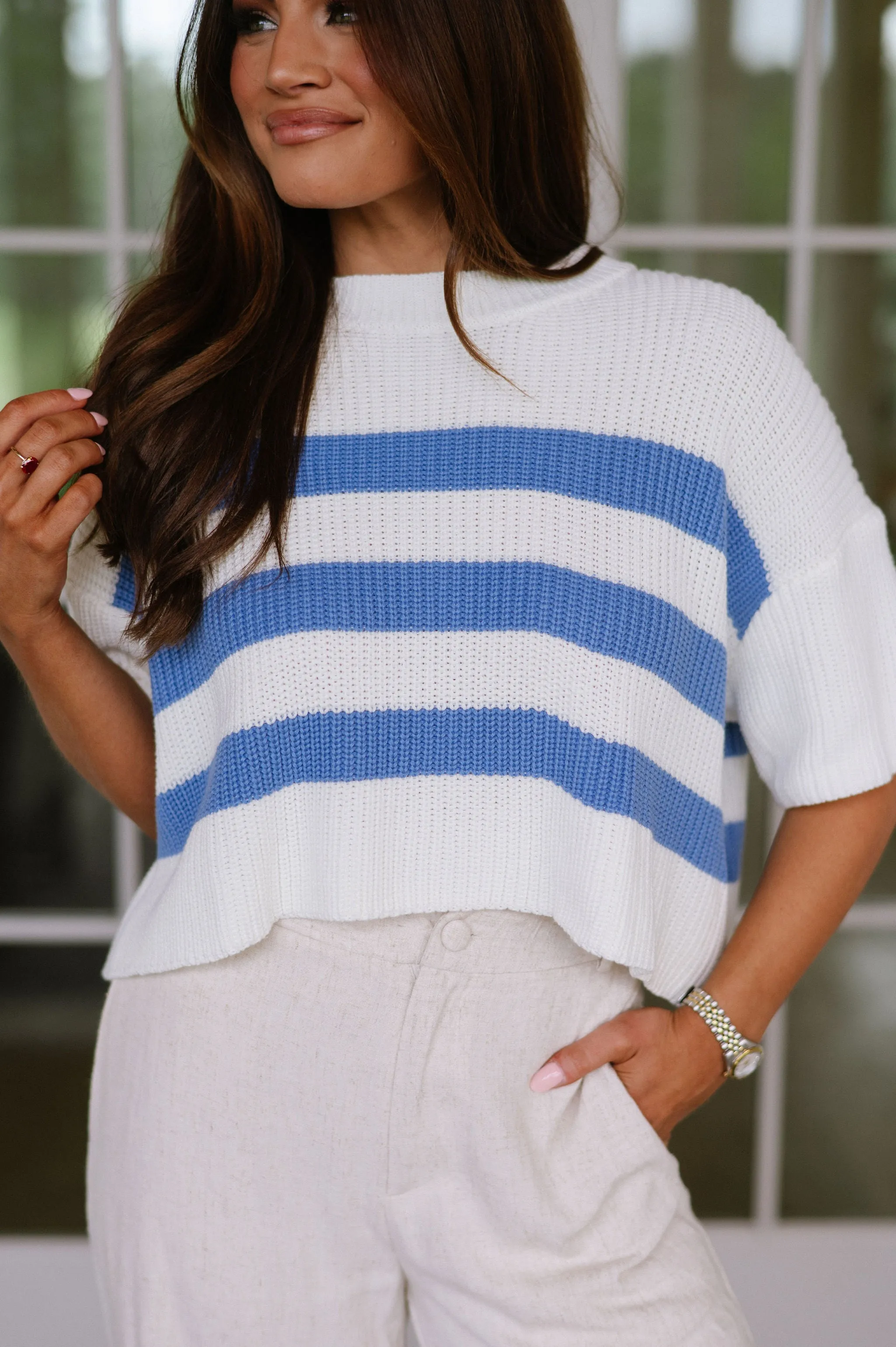 Mattie Striped Knit Top- Ivory/Blue