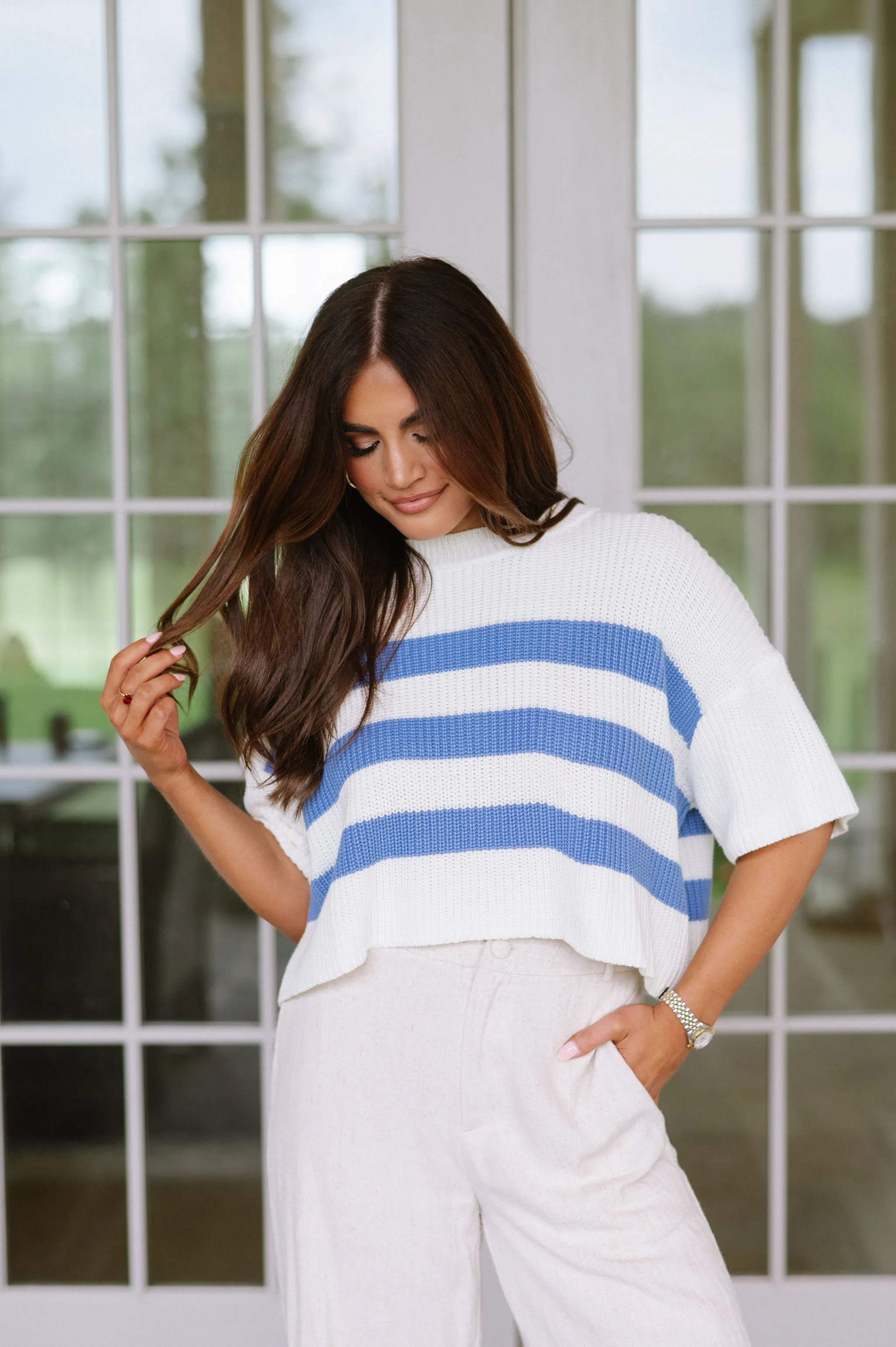 Mattie Striped Knit Top- Ivory/Blue