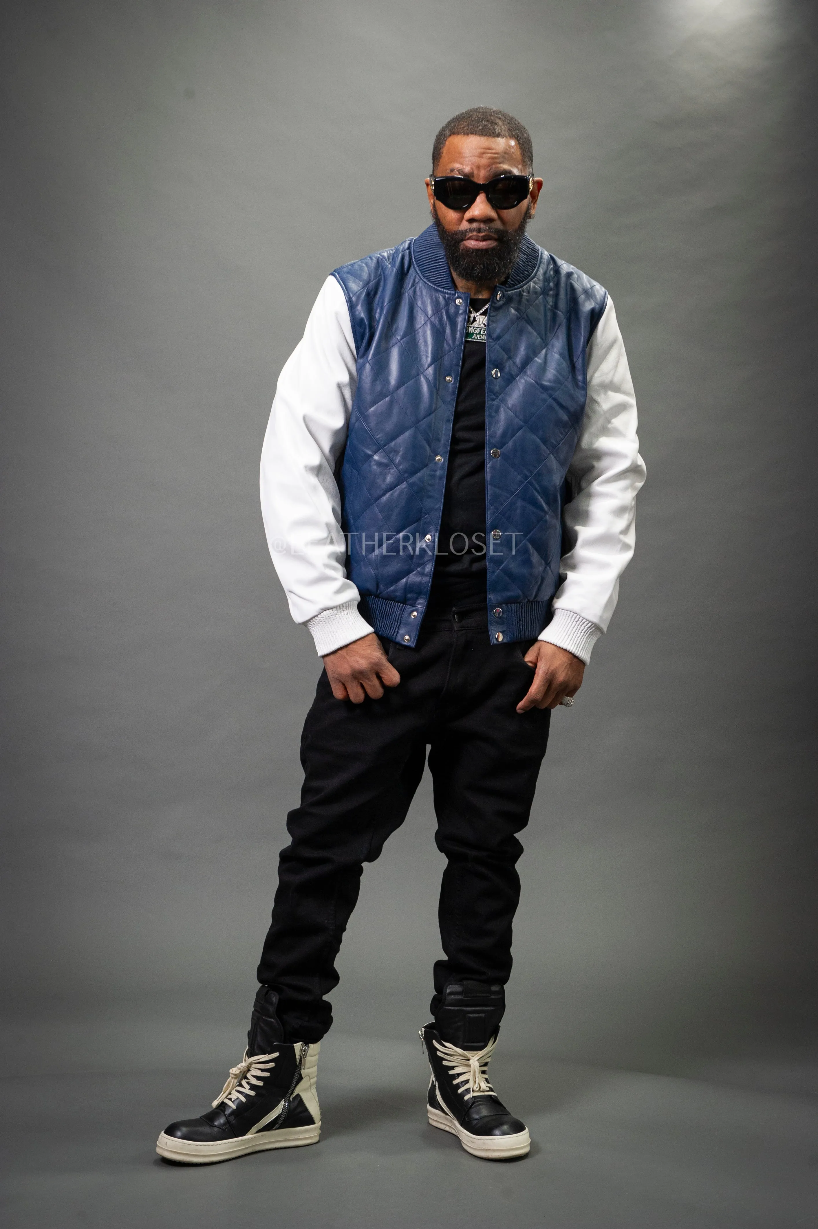 Men's Adan All-Leather Varsity Jacket [Navy/White]