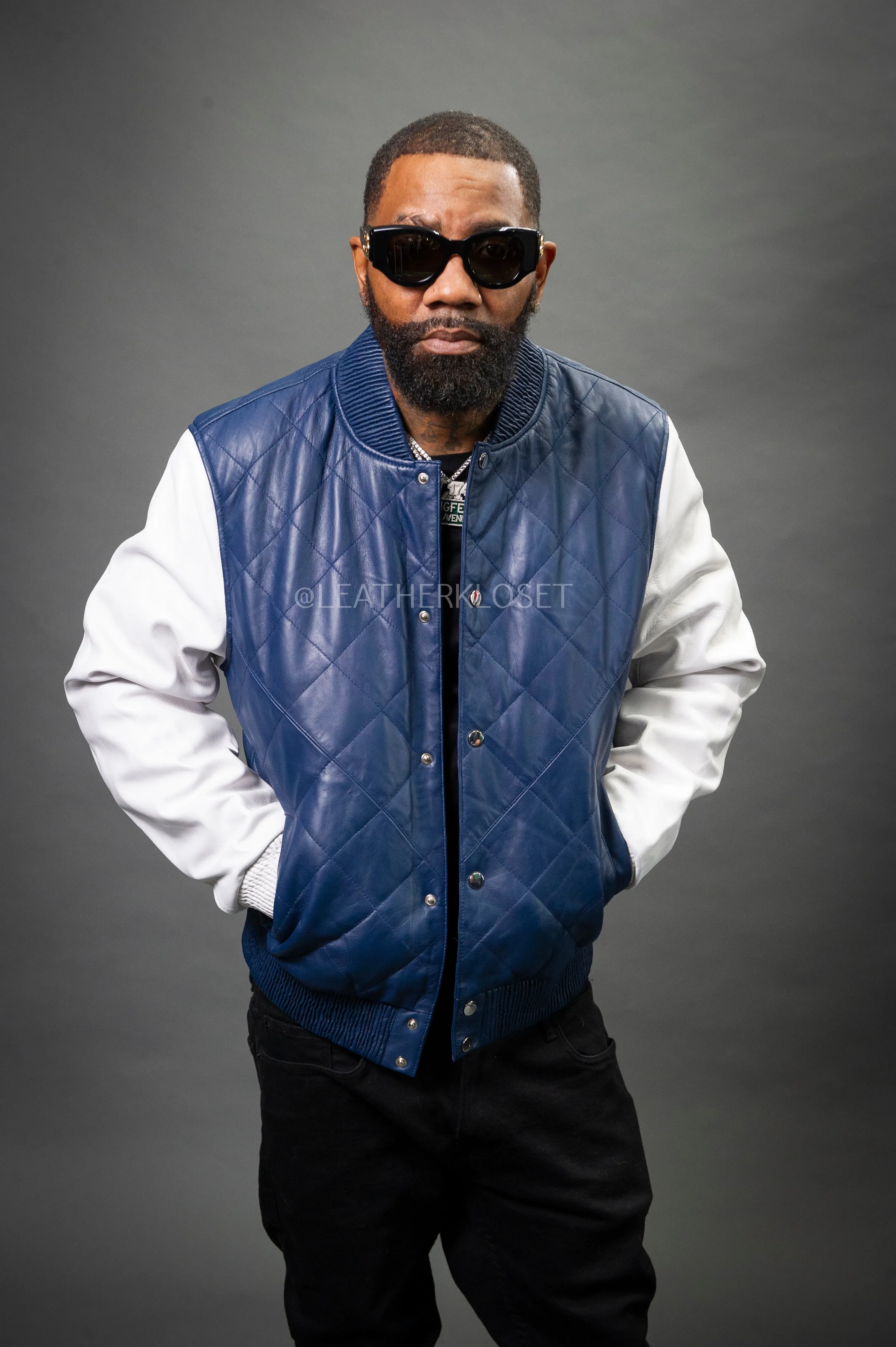 Men's Adan All-Leather Varsity Jacket [Navy/White]
