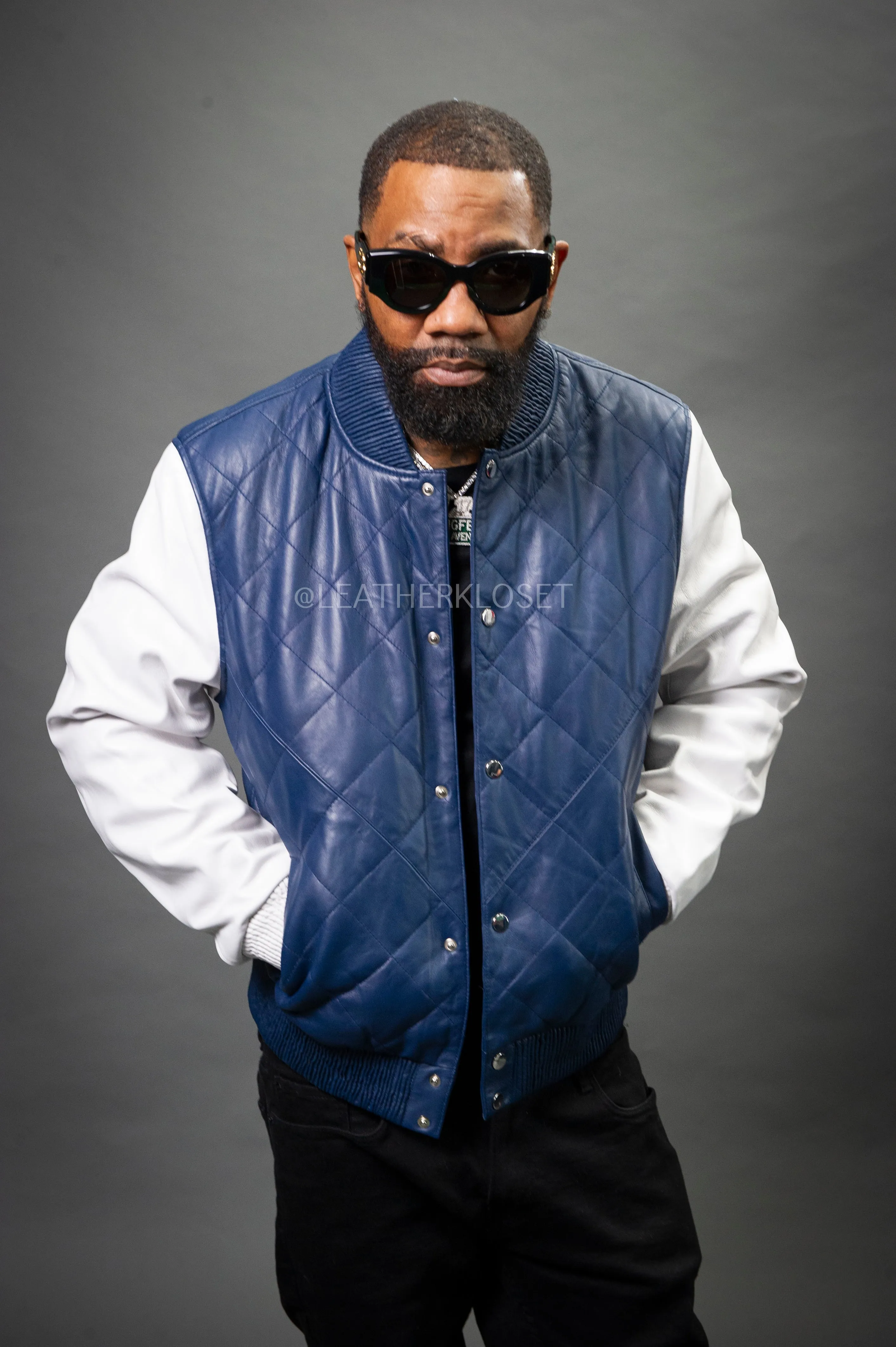 Men's Adan All-Leather Varsity Jacket [Navy/White]
