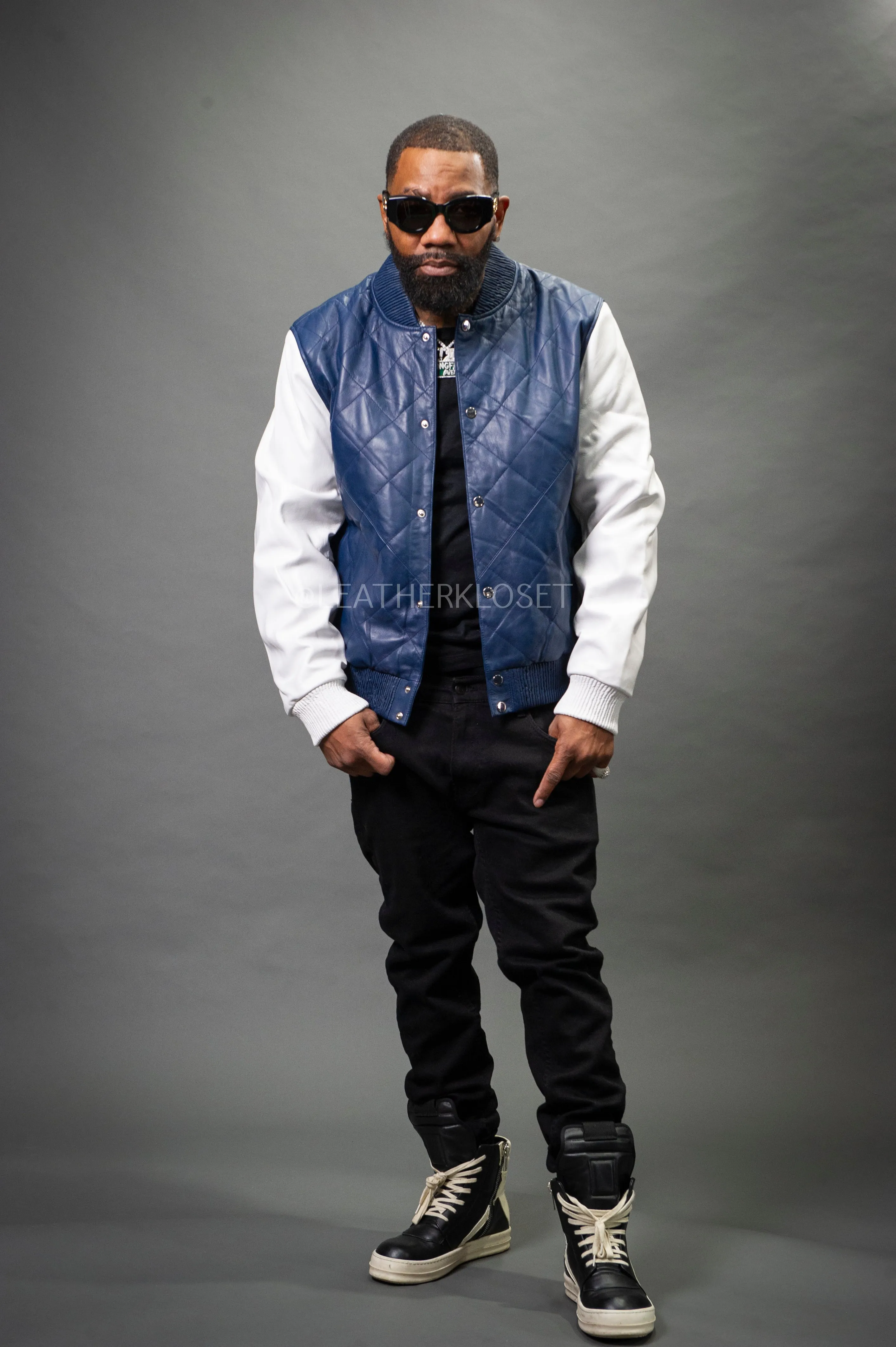 Men's Adan All-Leather Varsity Jacket [Navy/White]