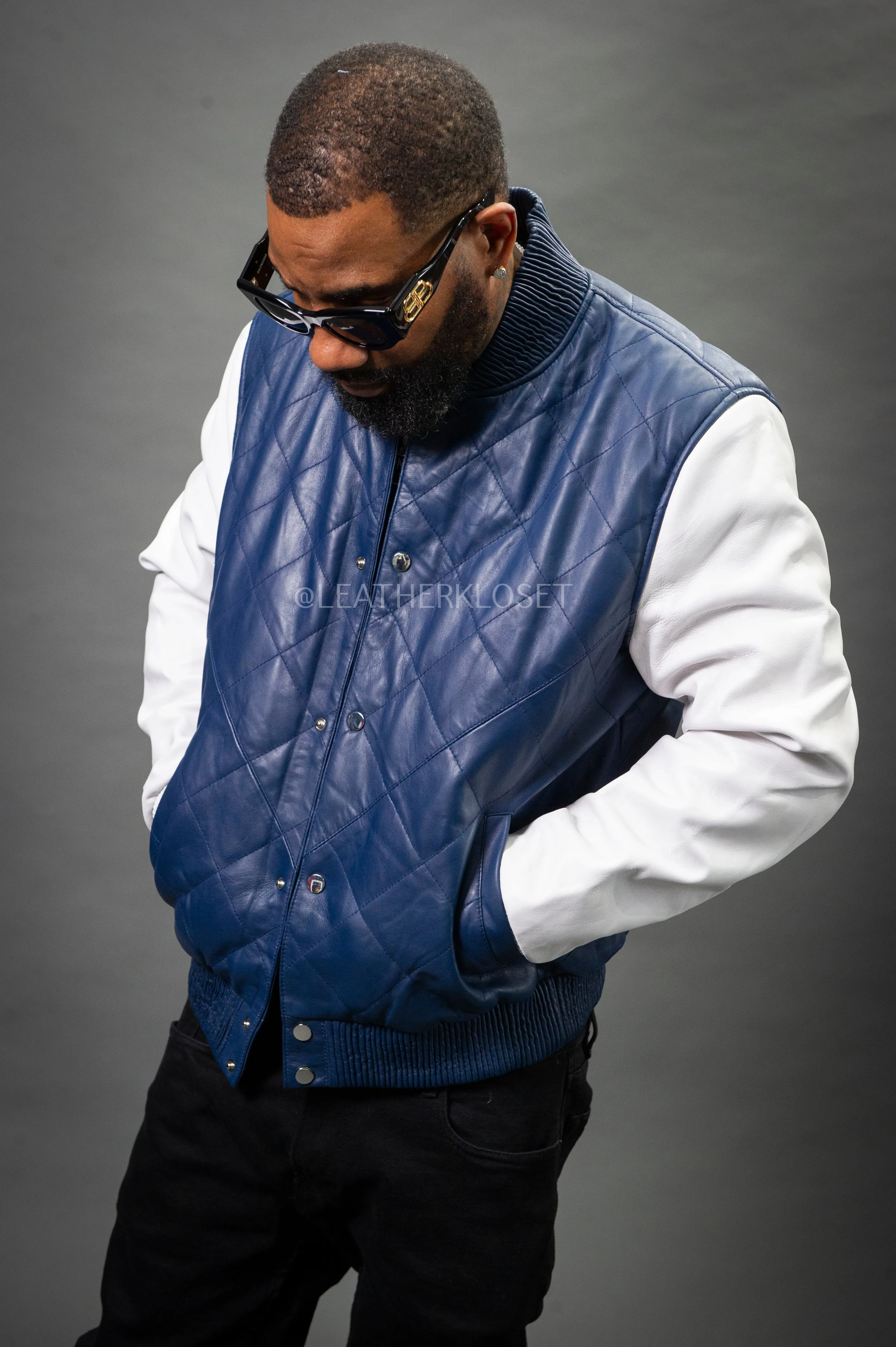 Men's Adan All-Leather Varsity Jacket [Navy/White]