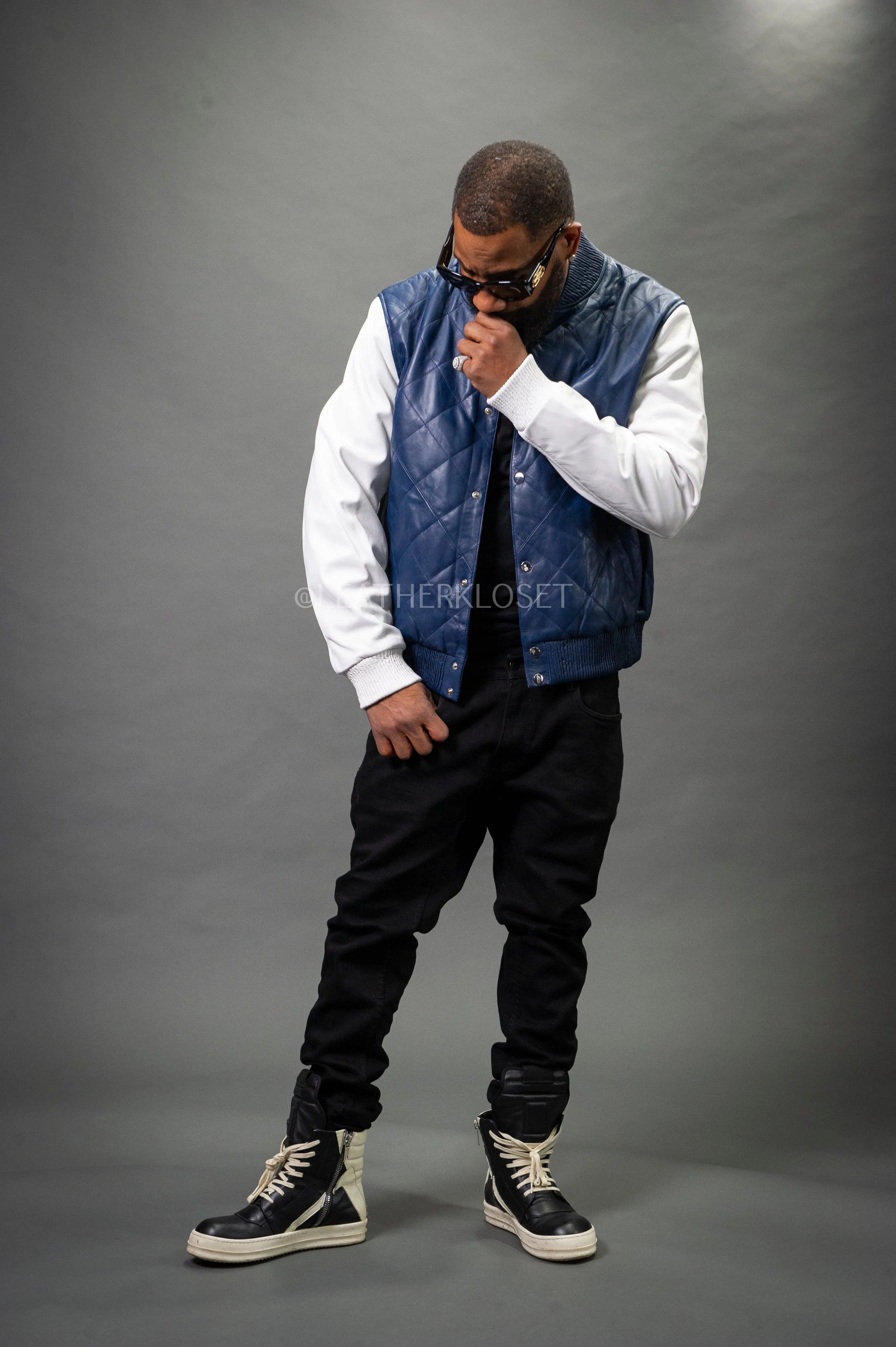 Men's Adan All-Leather Varsity Jacket [Navy/White]