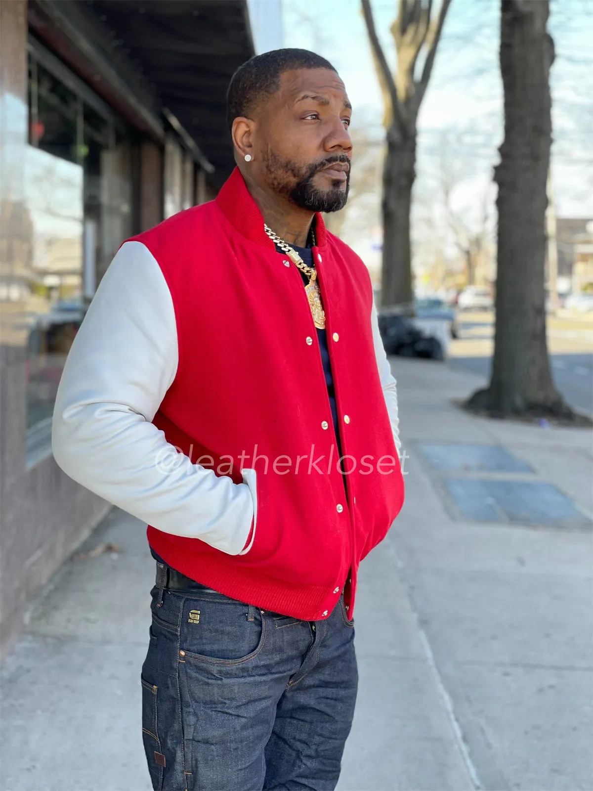 Men's Classic Wool And Leather Varsity Jacket [Red/White]