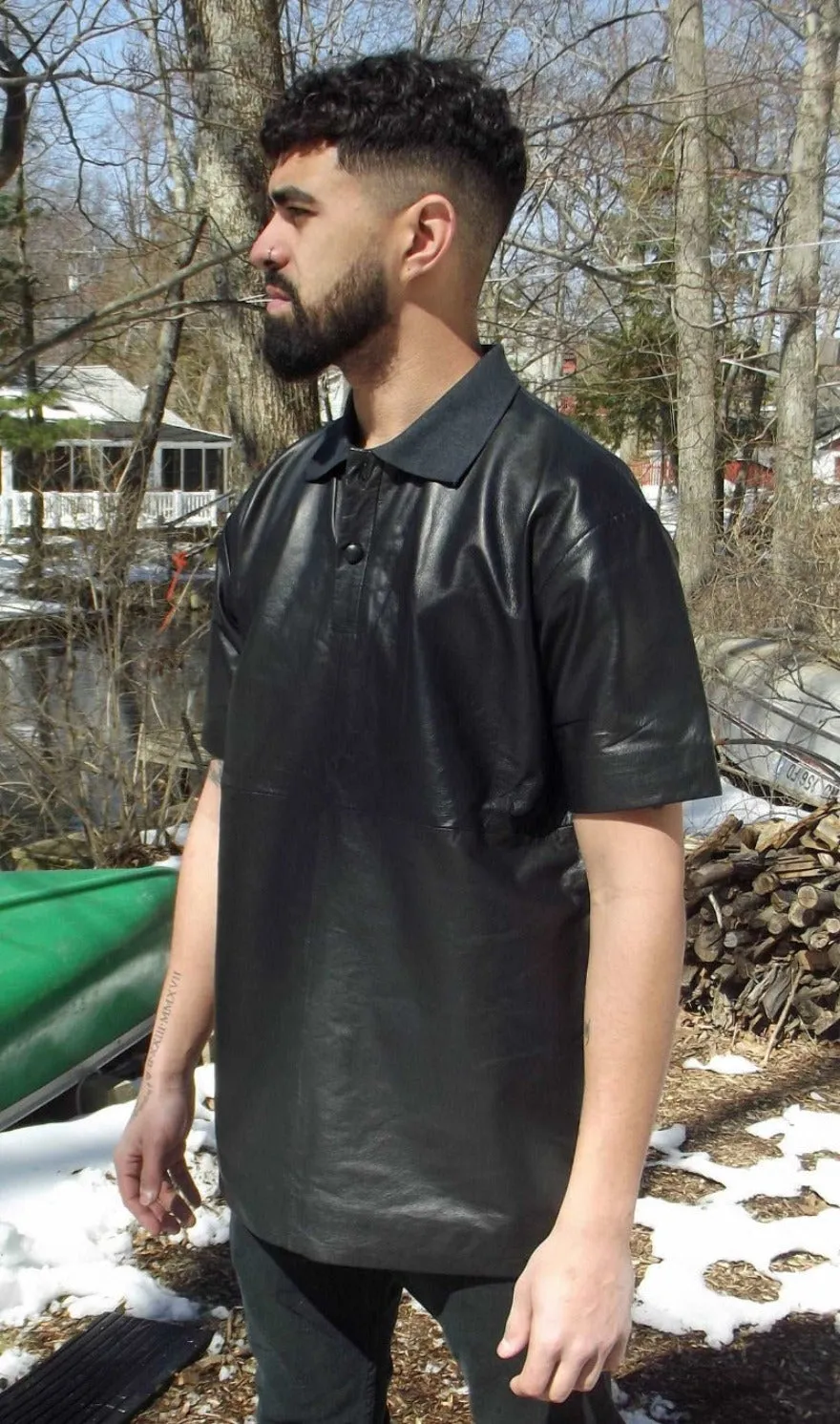 Mens Leather Polo shirt- Smooth Black Nappa Sheepskin