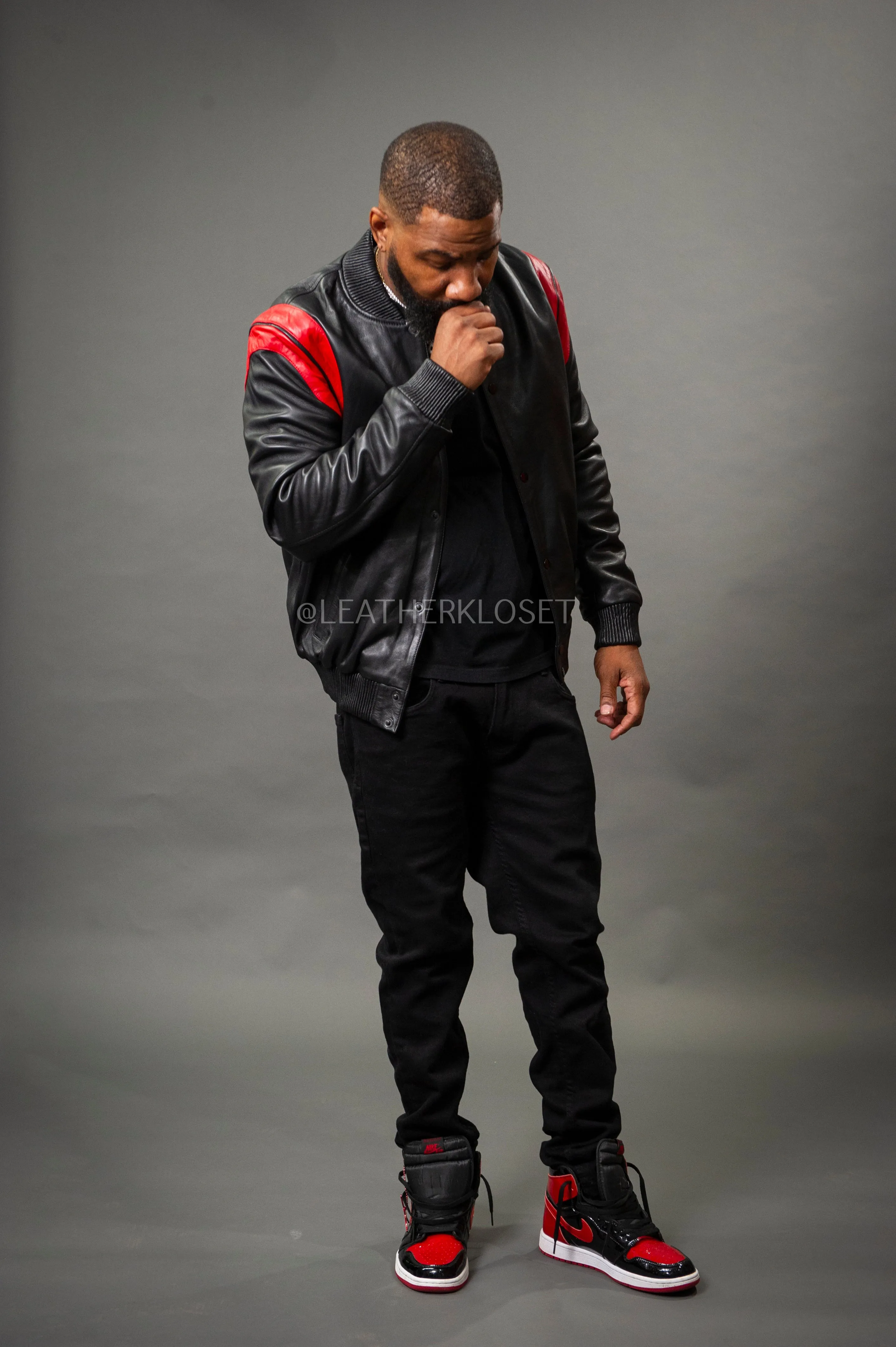 Men's Liam All-Leather Varsity Jacket [Black/Red]