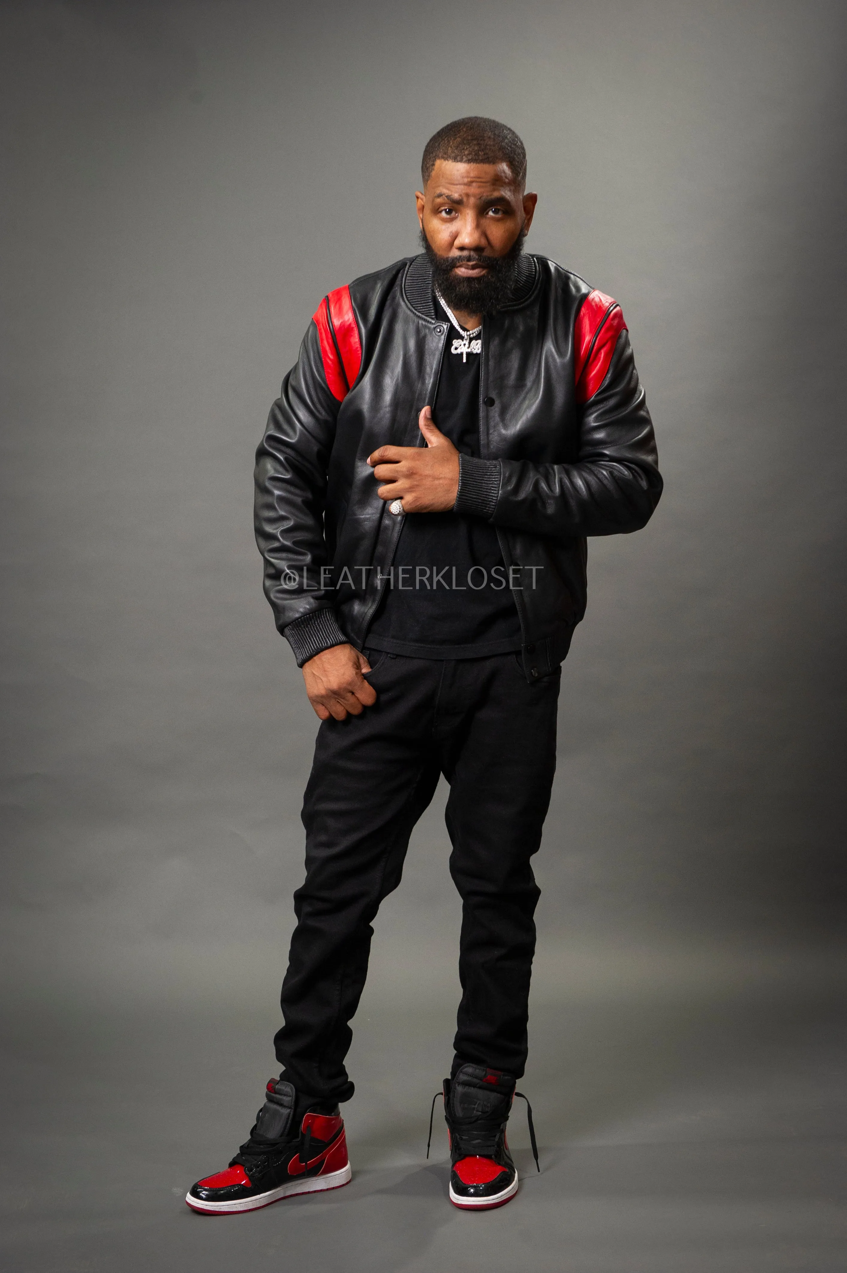 Men's Liam All-Leather Varsity Jacket [Black/Red]