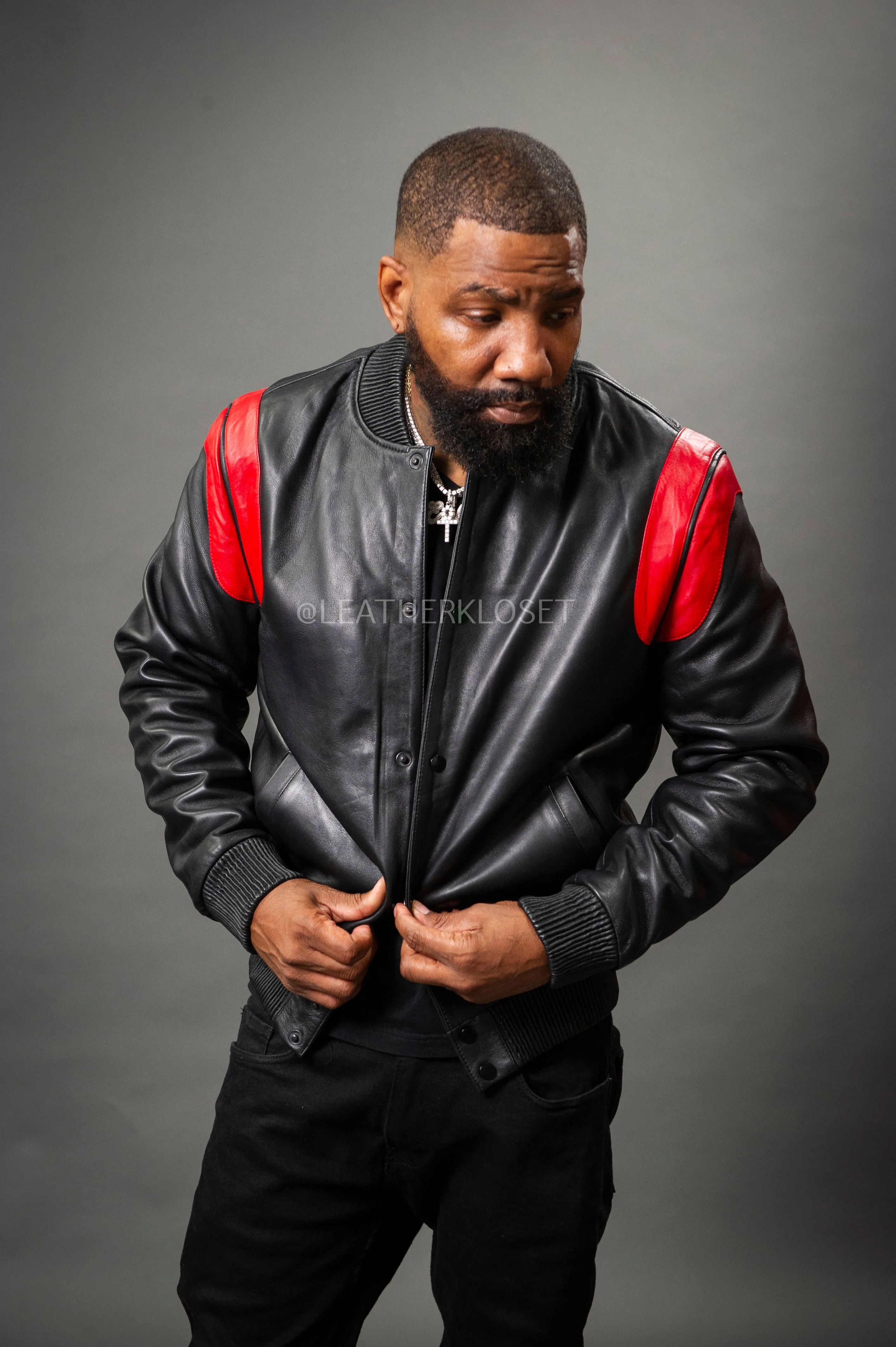 Men's Liam All-Leather Varsity Jacket [Black/Red]