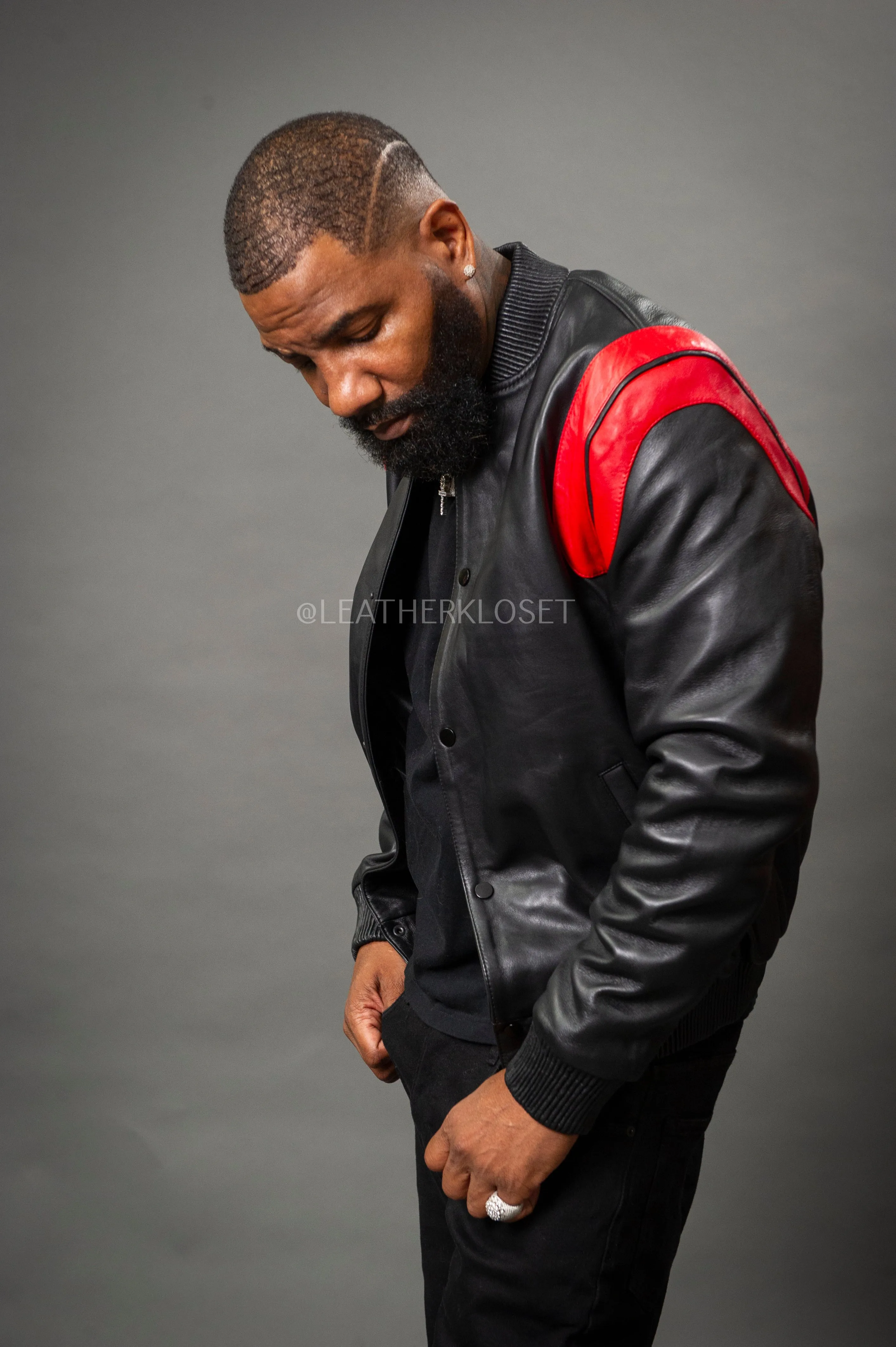 Men's Liam All-Leather Varsity Jacket [Black/Red]