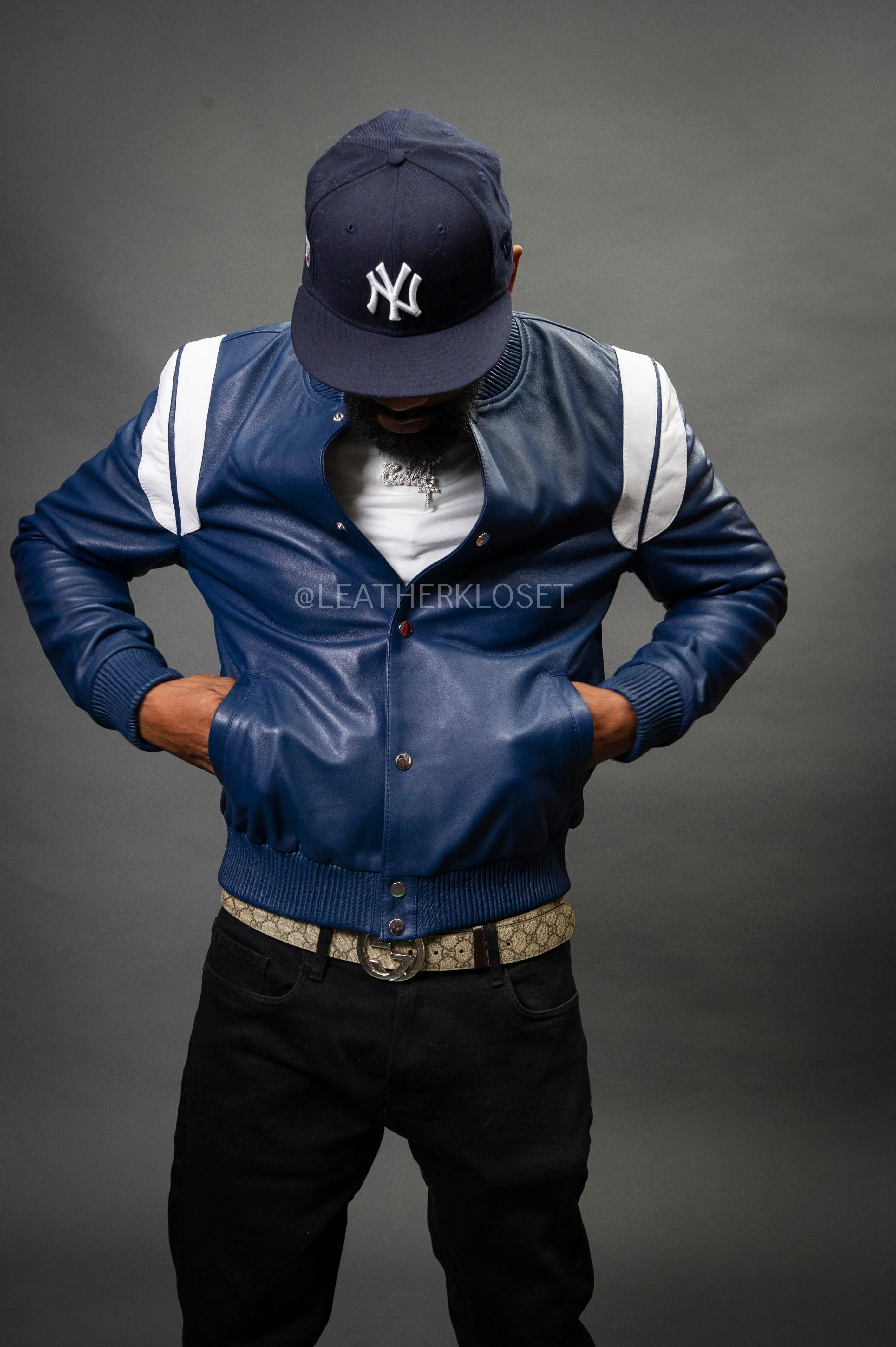 Men's Liam All-Leather Varsity Jacket [Navy/White]