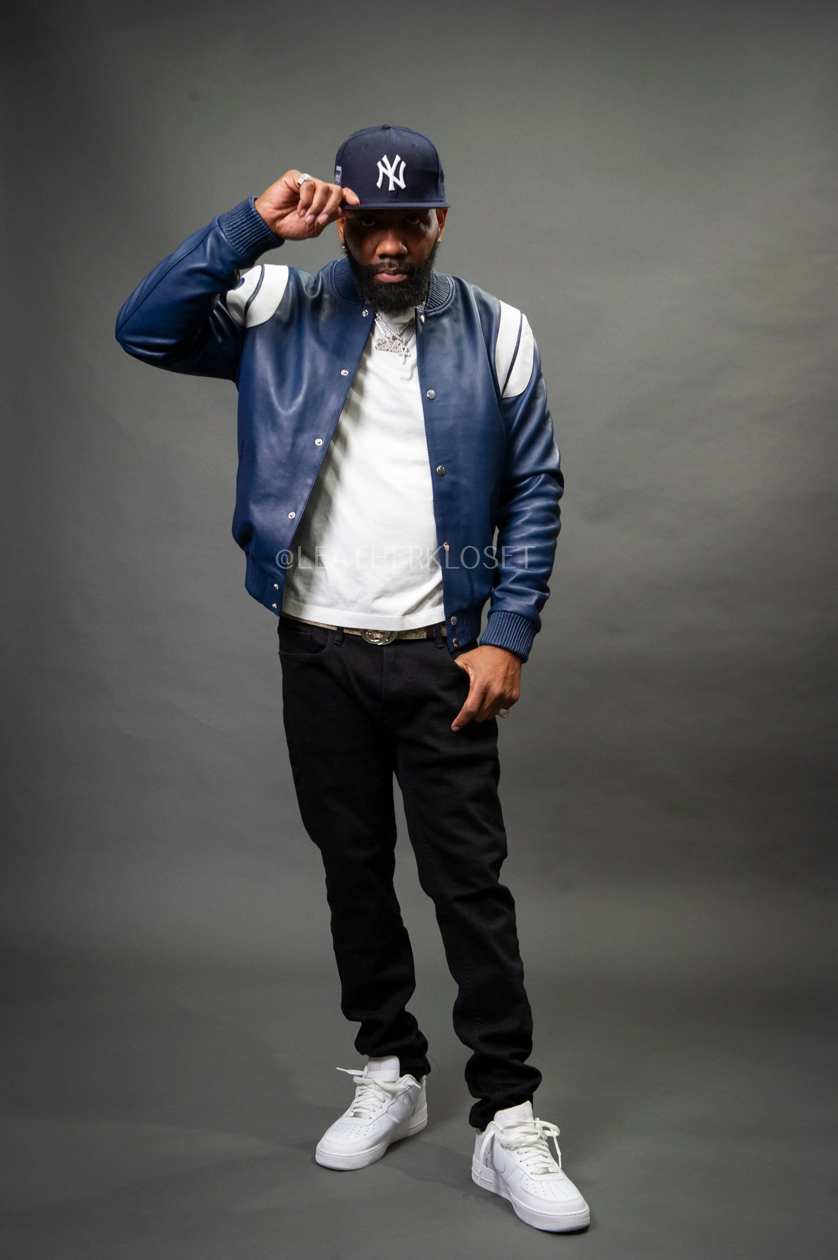 Men's Liam All-Leather Varsity Jacket [Navy/White]