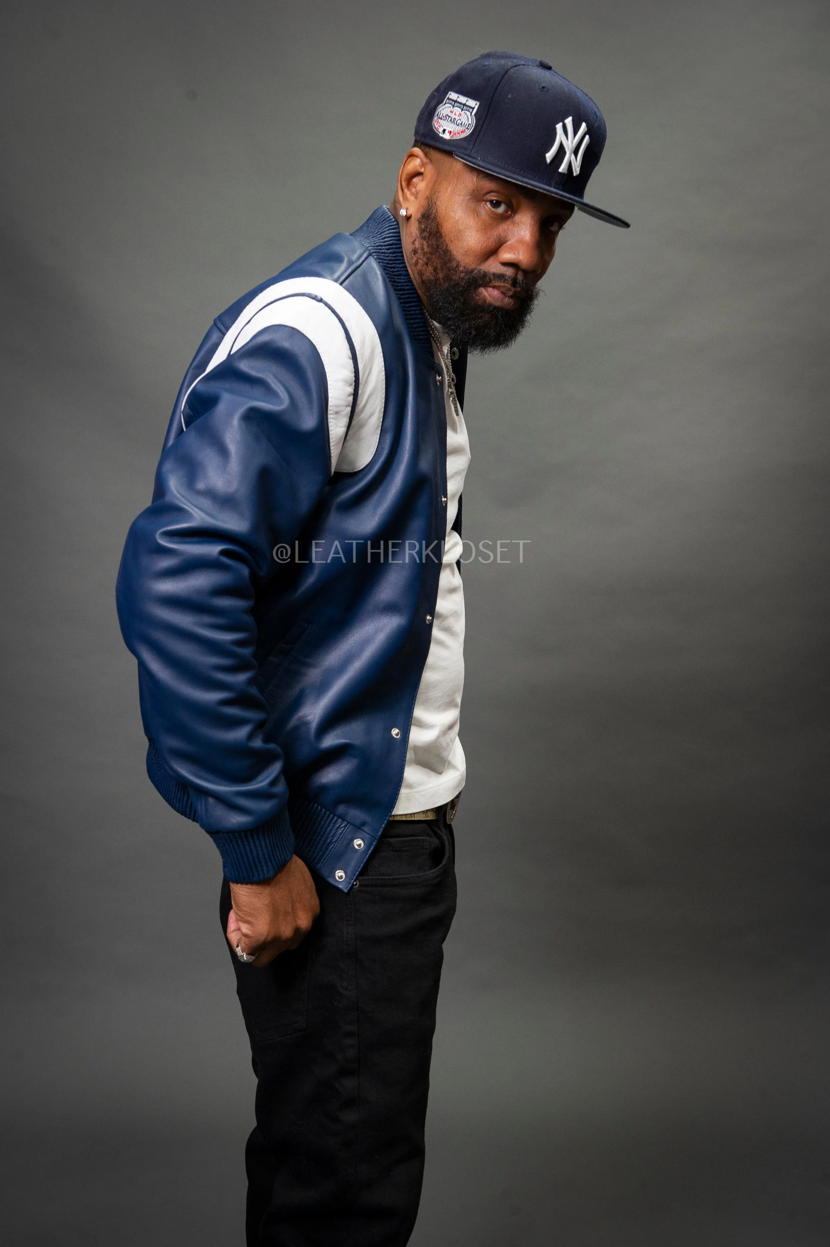 Men's Liam All-Leather Varsity Jacket [Navy/White]
