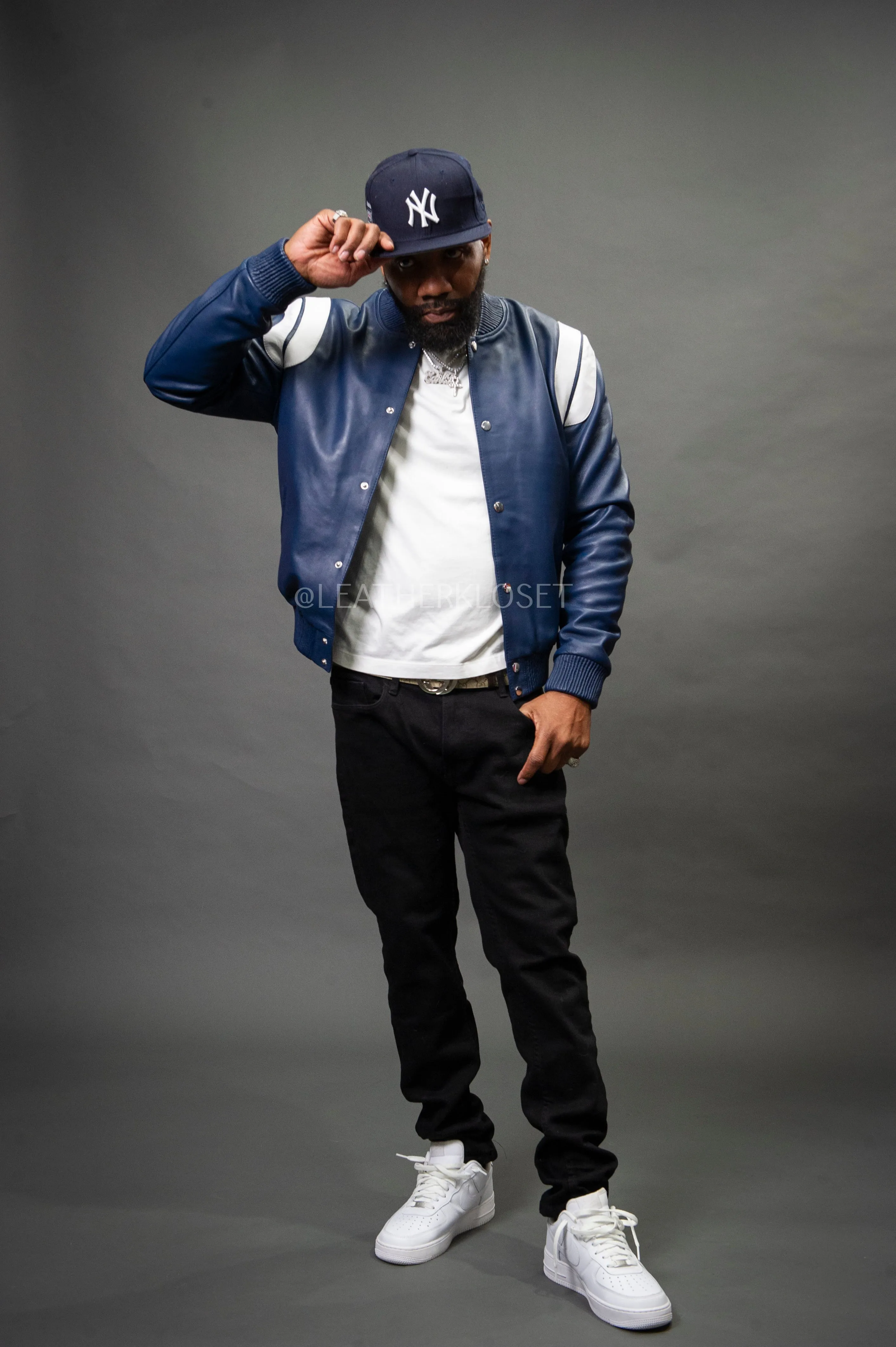 Men's Liam All-Leather Varsity Jacket [Navy/White]