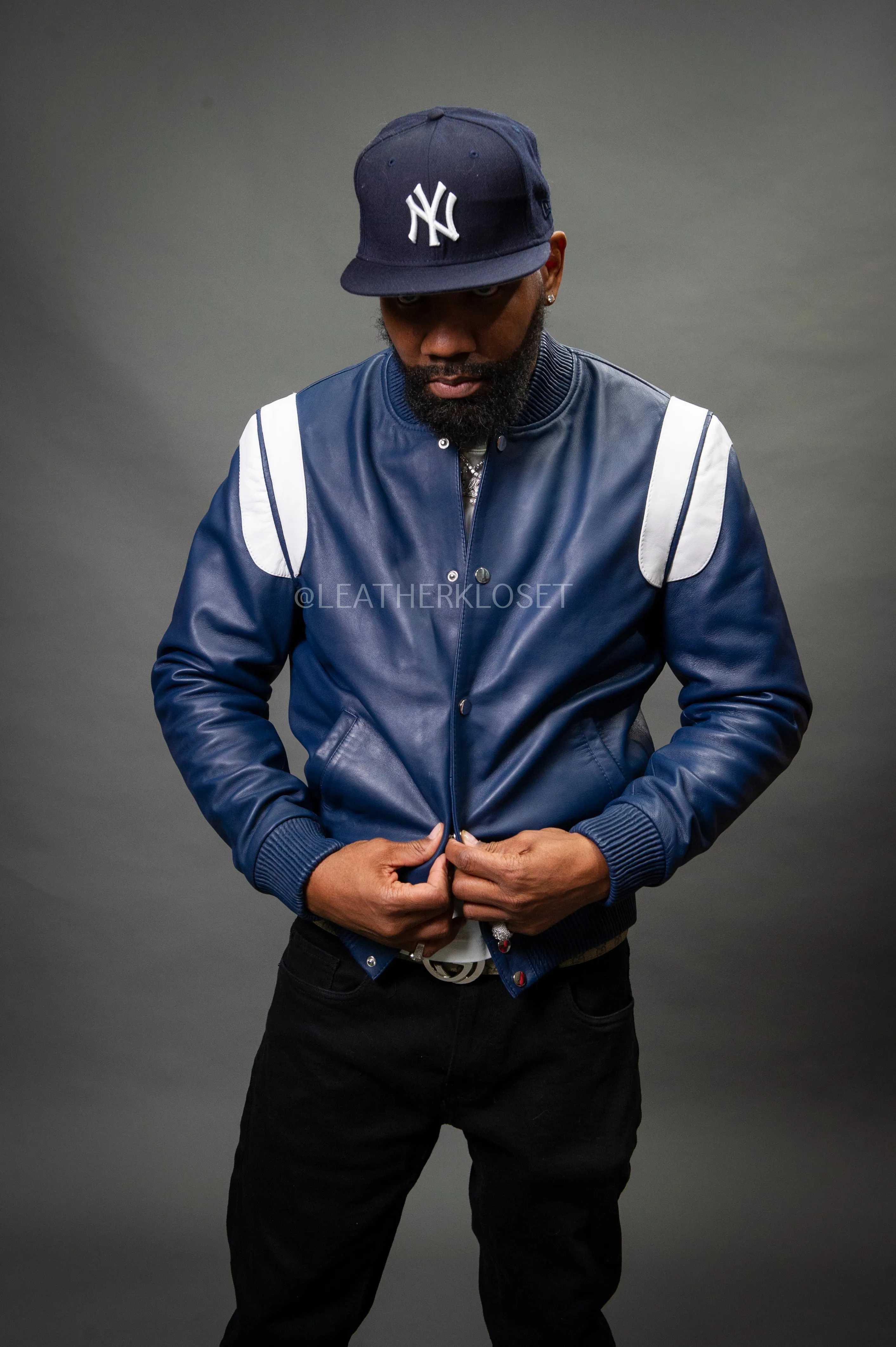Men's Liam All-Leather Varsity Jacket [Navy/White]