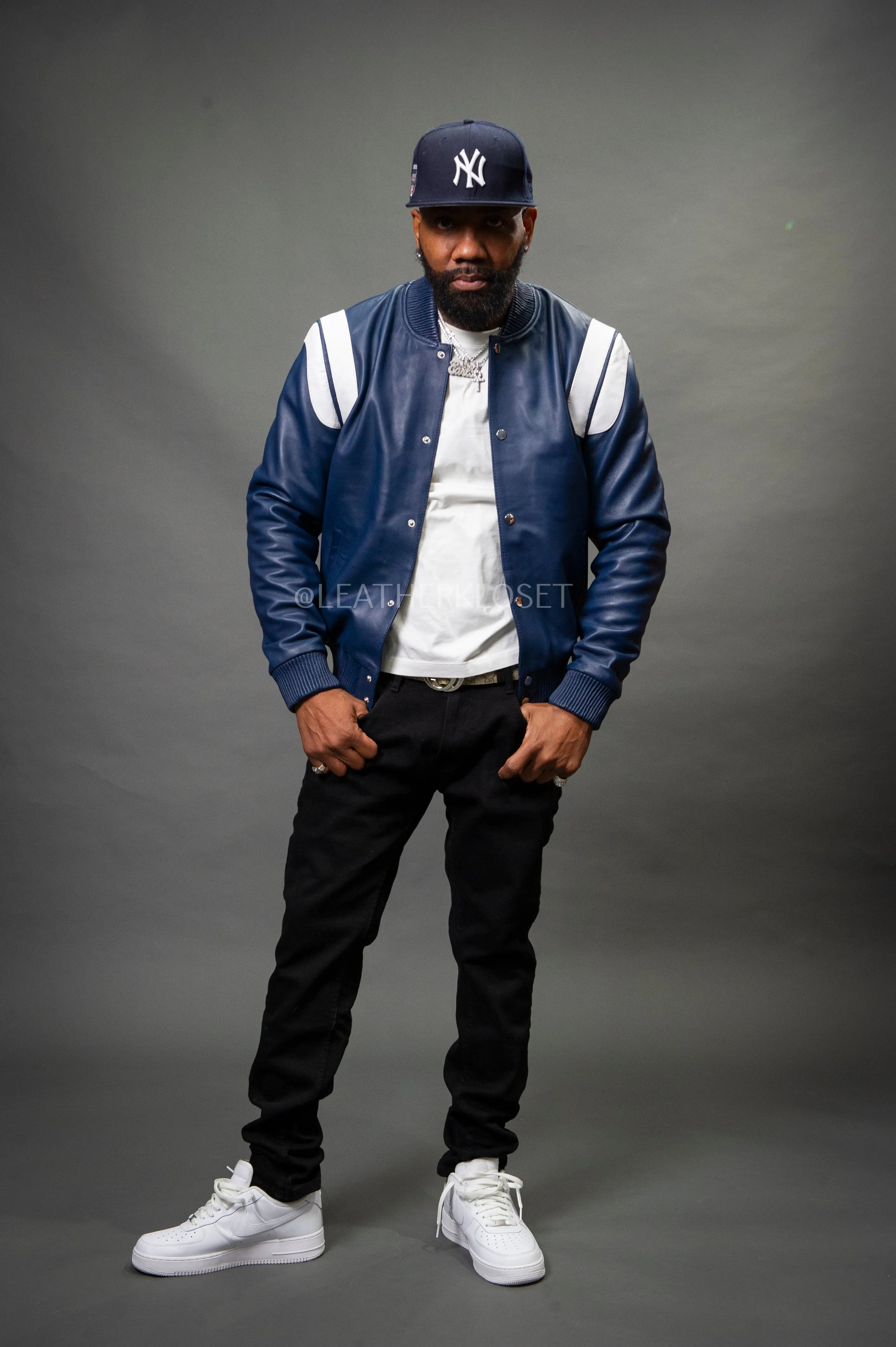 Men's Liam All-Leather Varsity Jacket [Navy/White]