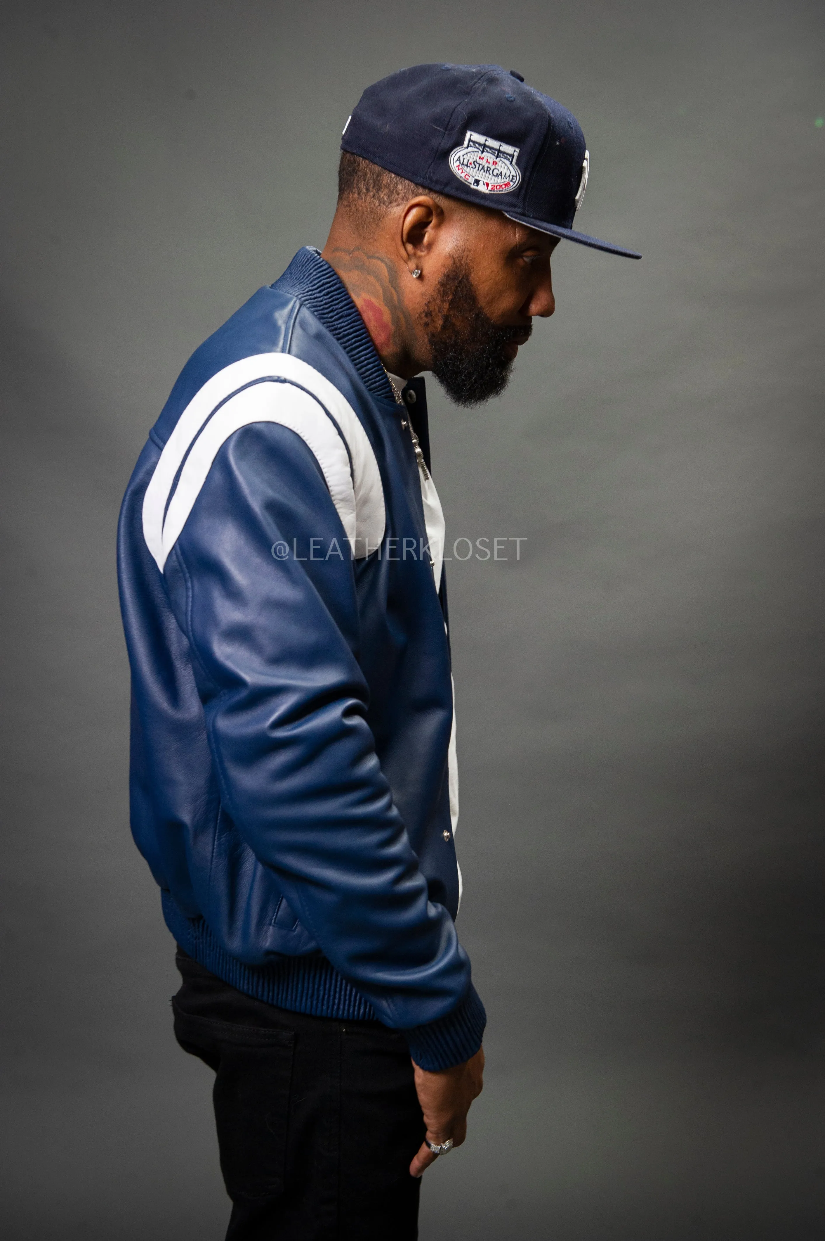 Men's Liam All-Leather Varsity Jacket [Navy/White]