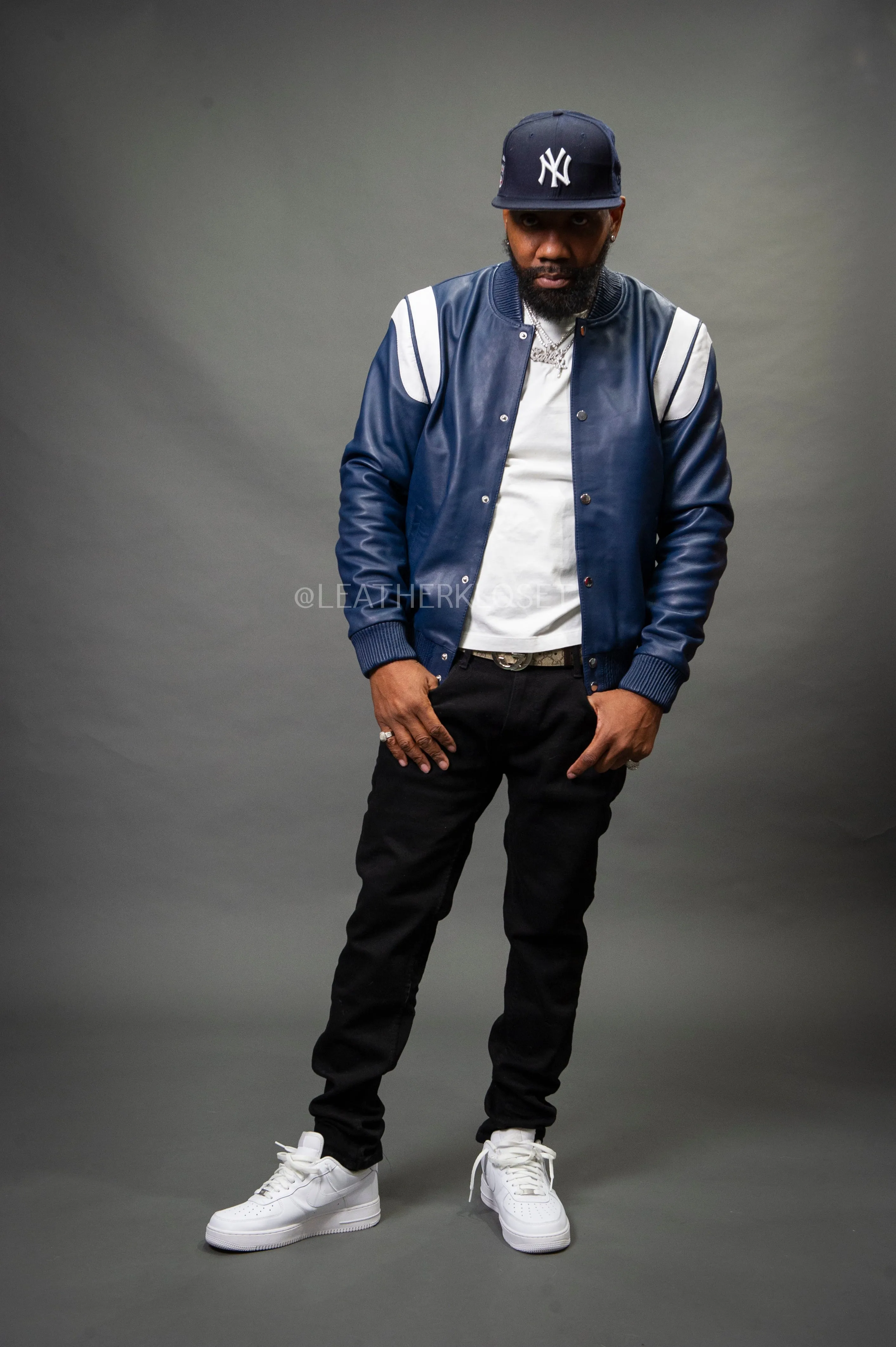 Men's Liam All-Leather Varsity Jacket [Navy/White]