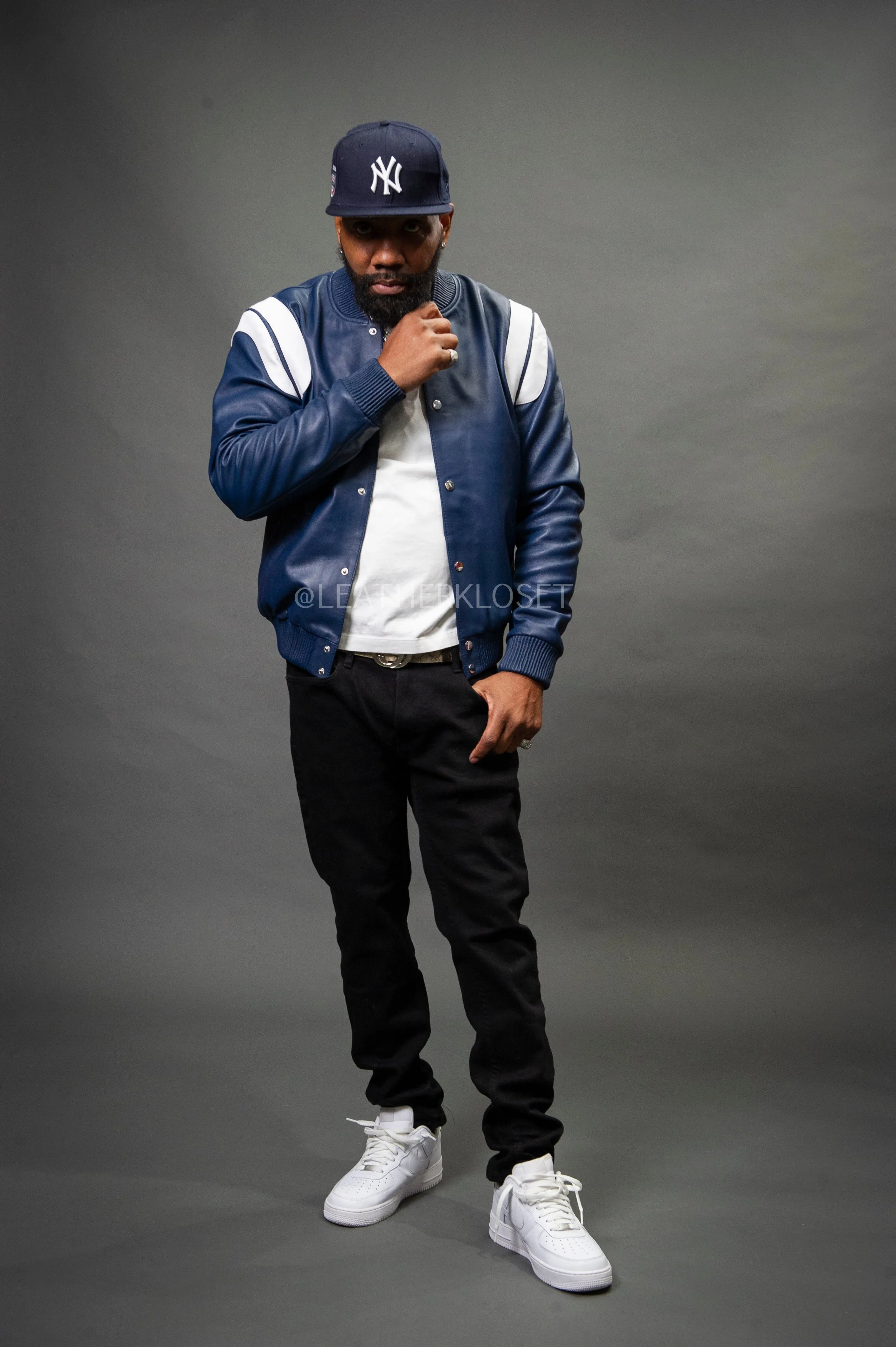 Men's Liam All-Leather Varsity Jacket [Navy/White]