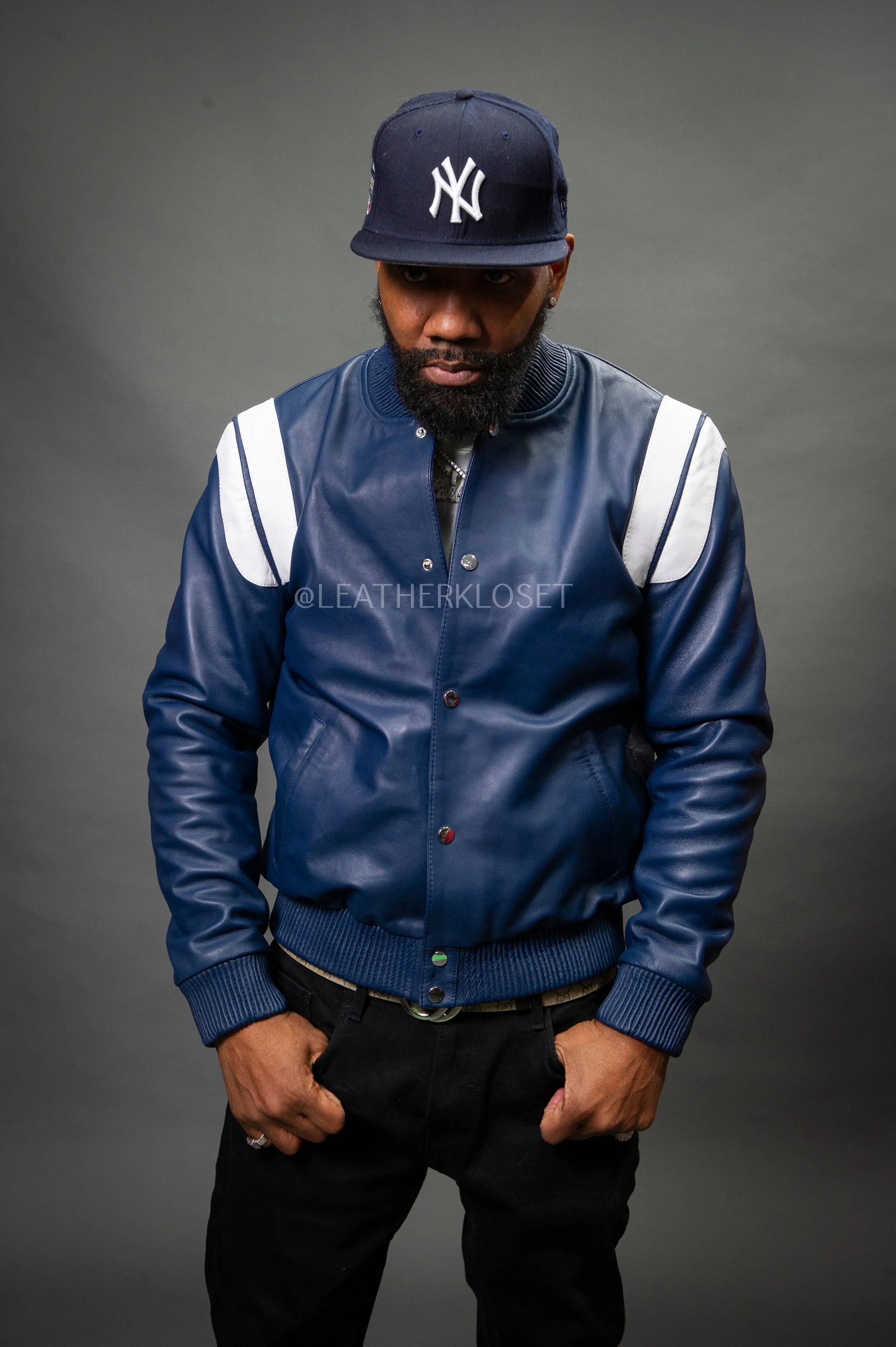 Men's Liam All-Leather Varsity Jacket [Navy/White]