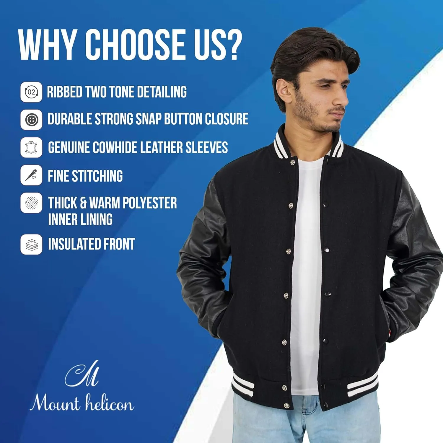 Mount Helicon Two-Tone Leather Baseball Varsity Jacket for Men - Premium Quality and Unique Design