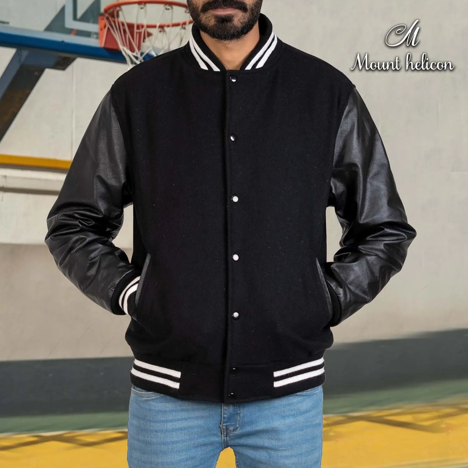 Mount Helicon Two-Tone Leather Baseball Varsity Jacket for Men - Premium Quality and Unique Design