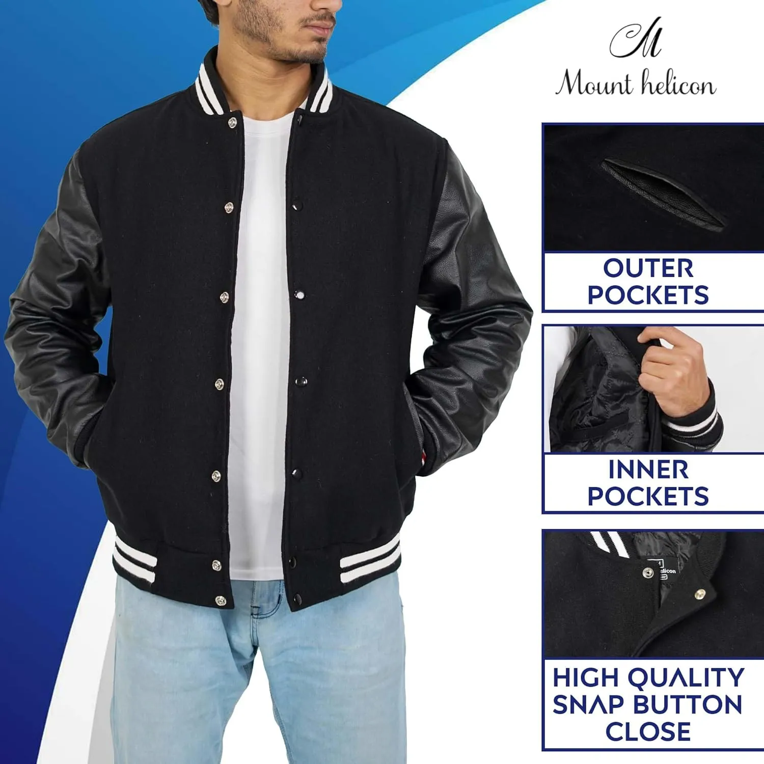 Mount Helicon Two-Tone Leather Baseball Varsity Jacket for Men - Premium Quality and Unique Design