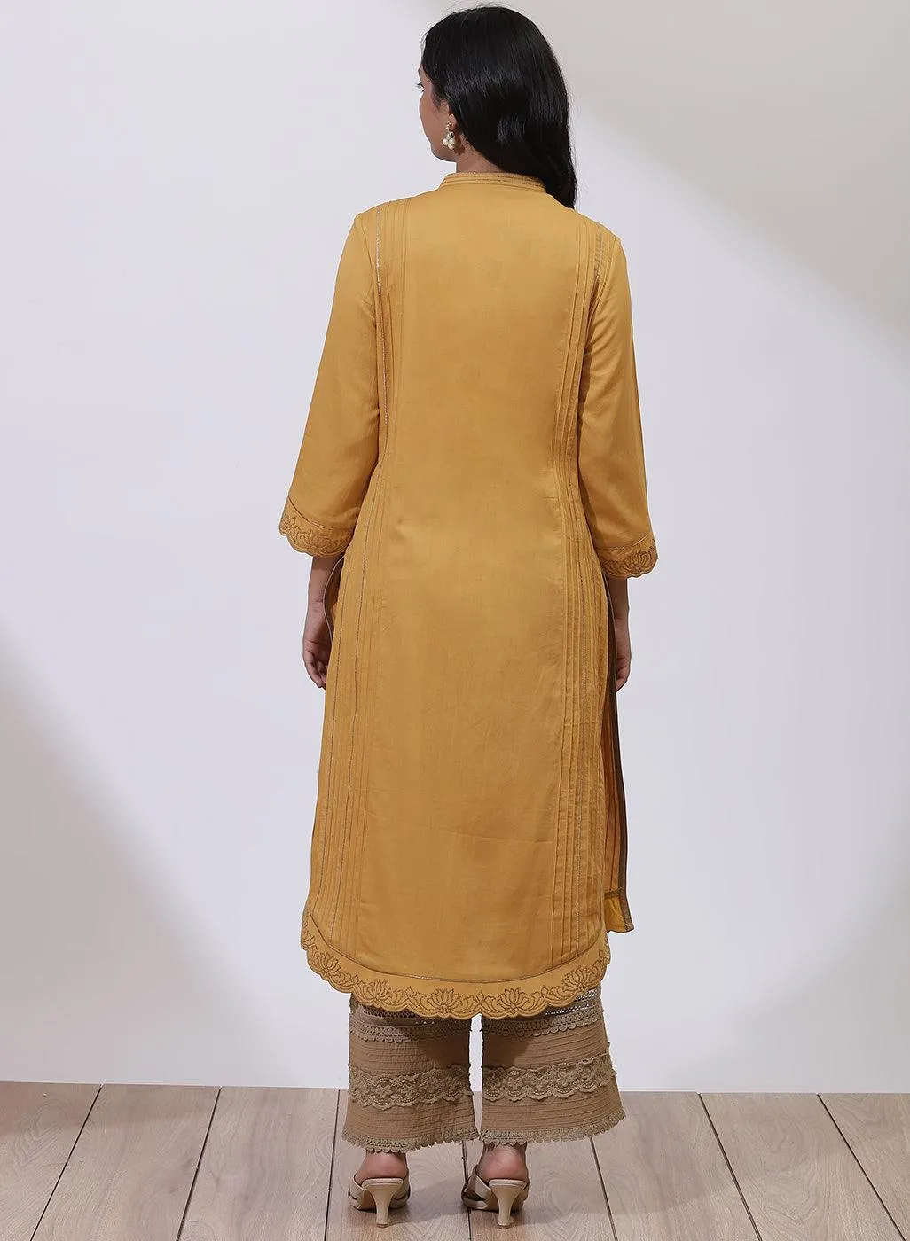 Mustard Sequins Work Pleated Kurta