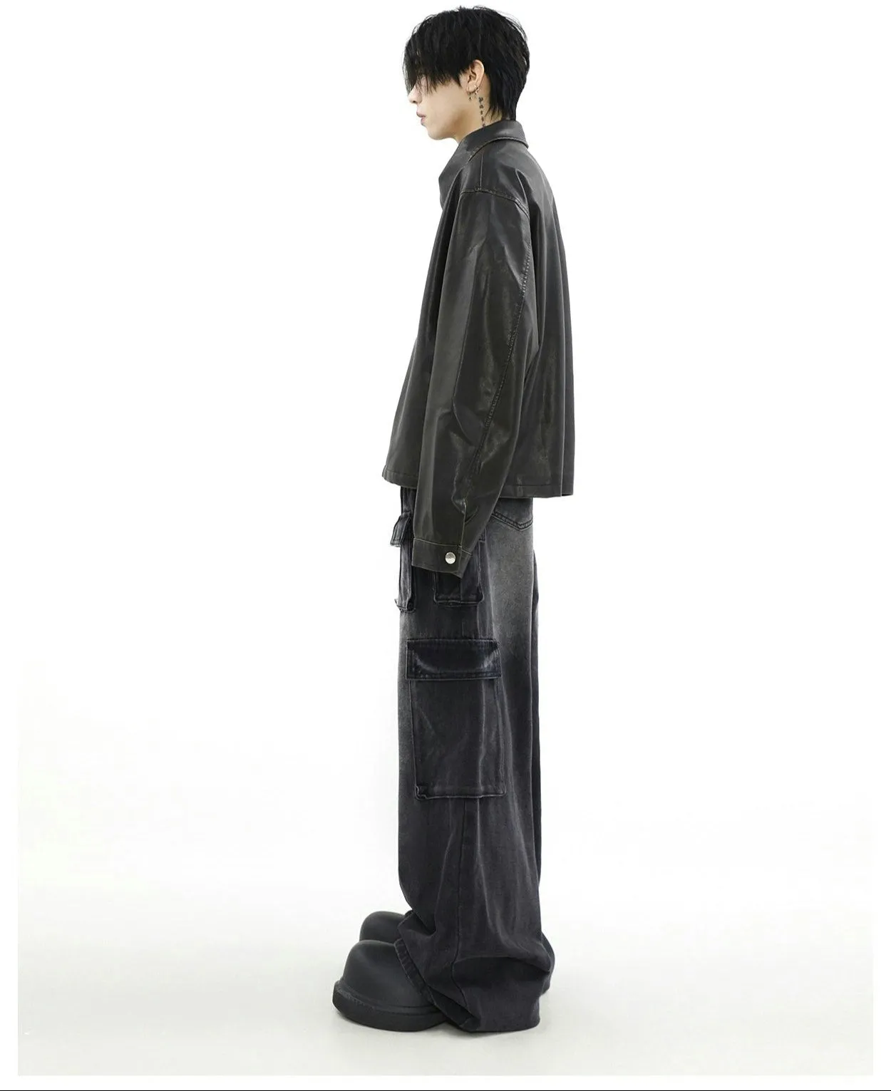 Oversized Faux Leather Collared Zip-Through Jacket