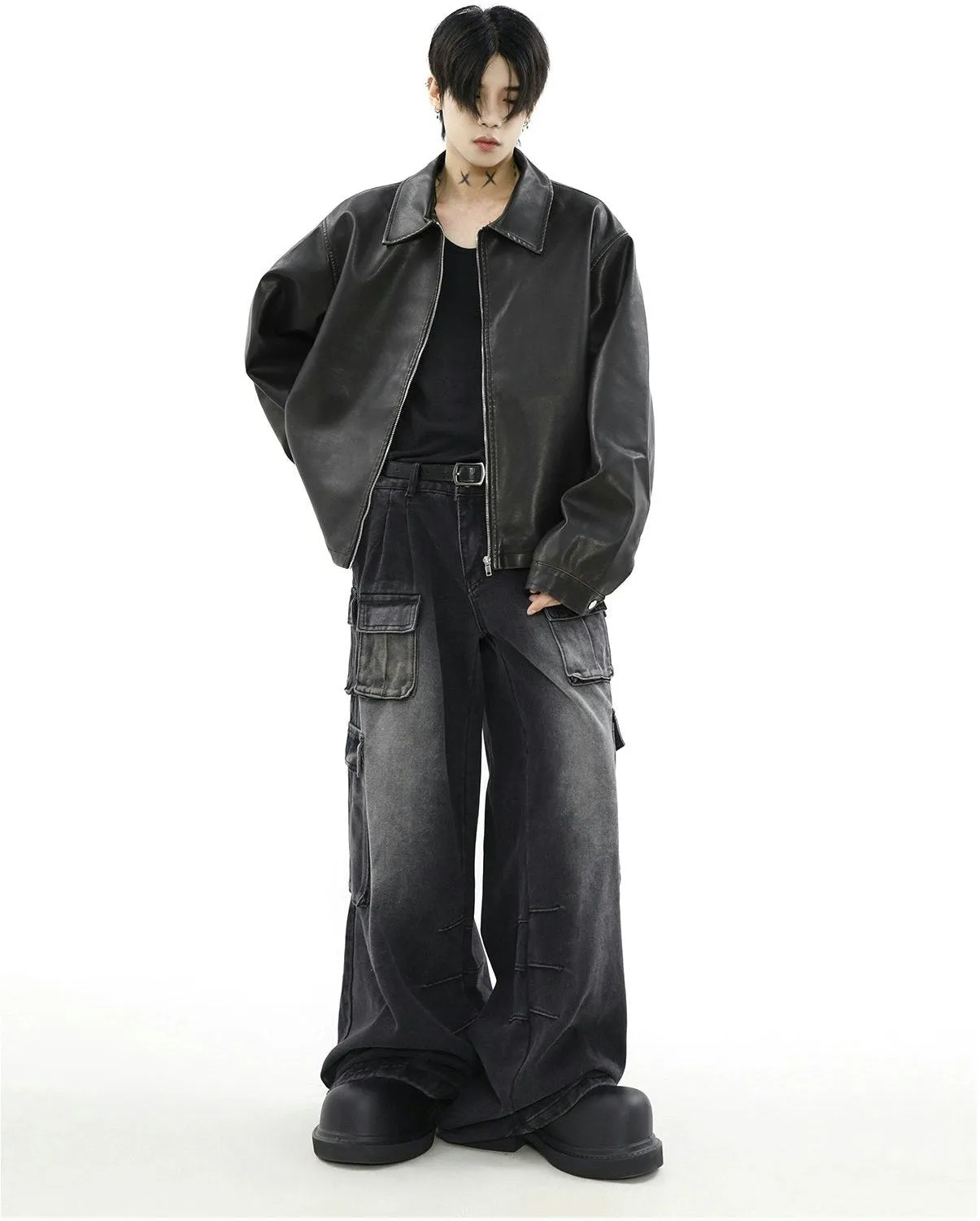 Oversized Faux Leather Collared Zip-Through Jacket