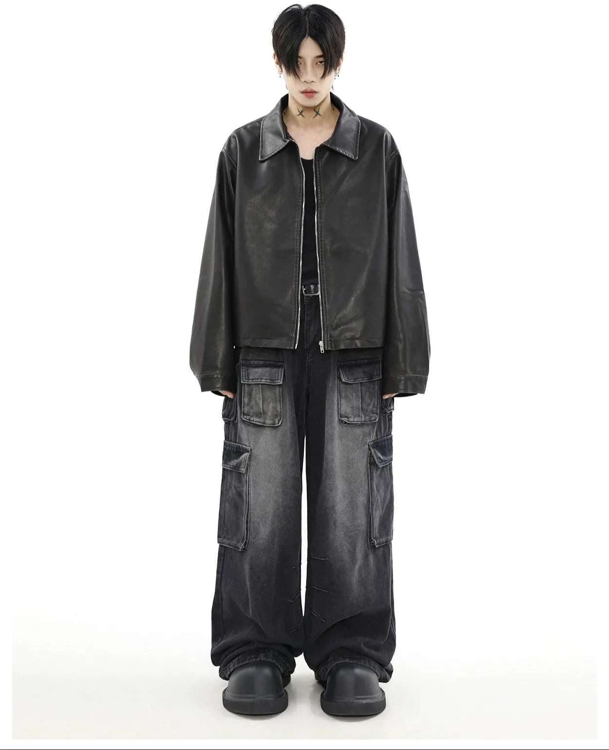 Oversized Faux Leather Collared Zip-Through Jacket