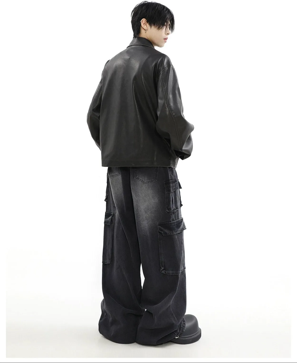 Oversized Faux Leather Collared Zip-Through Jacket