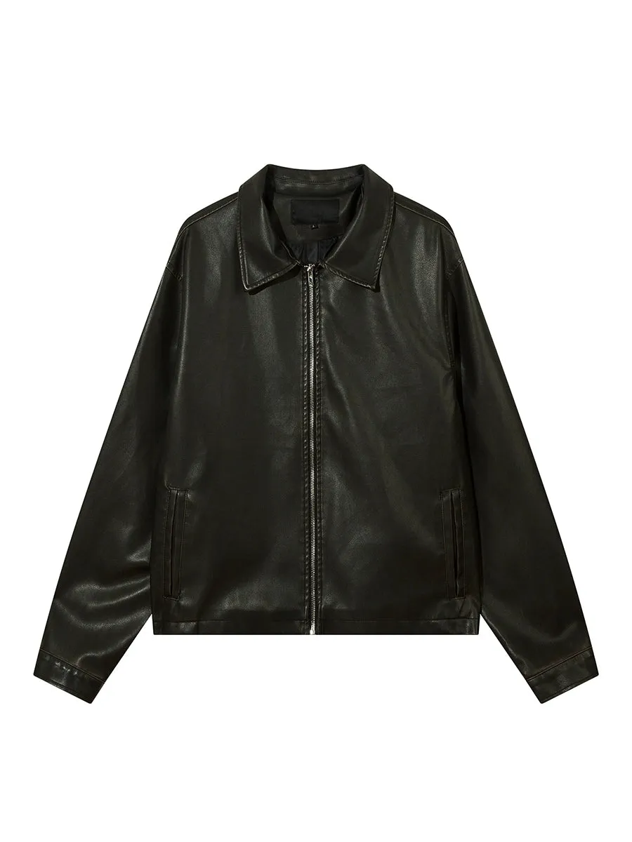 Oversized Faux Leather Collared Zip-Through Jacket