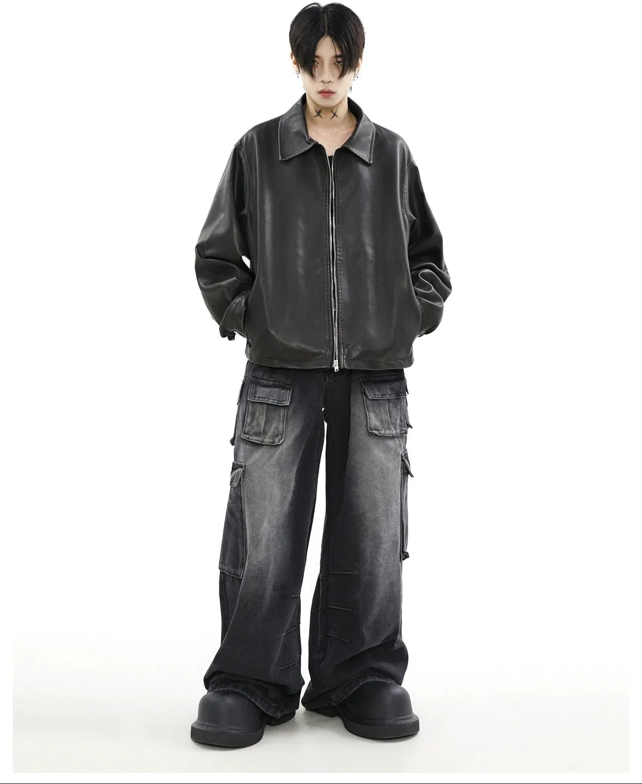 Oversized Faux Leather Collared Zip-Through Jacket