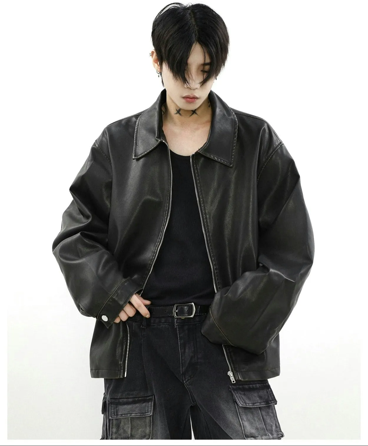 Oversized Faux Leather Collared Zip-Through Jacket