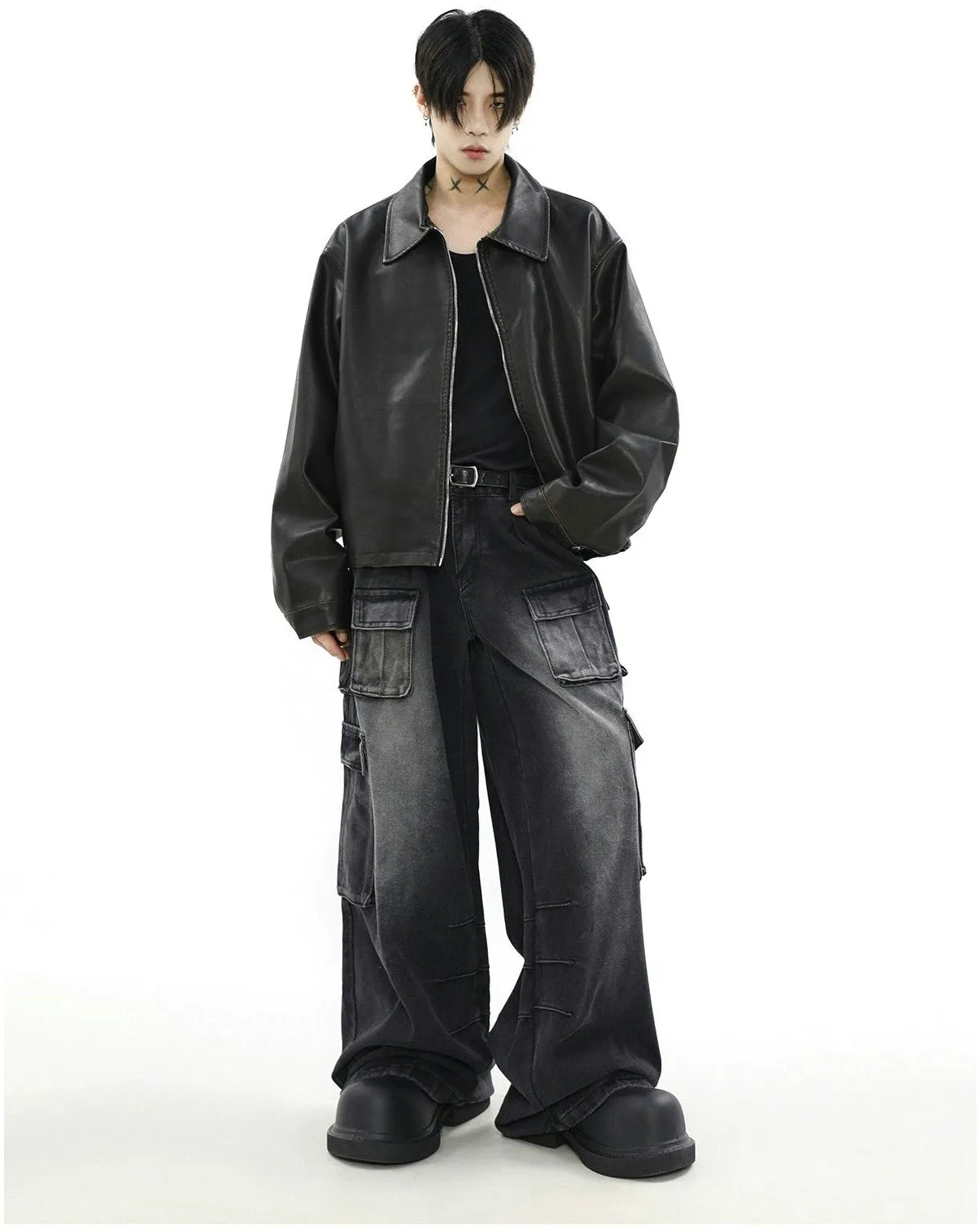 Oversized Faux Leather Collared Zip-Through Jacket