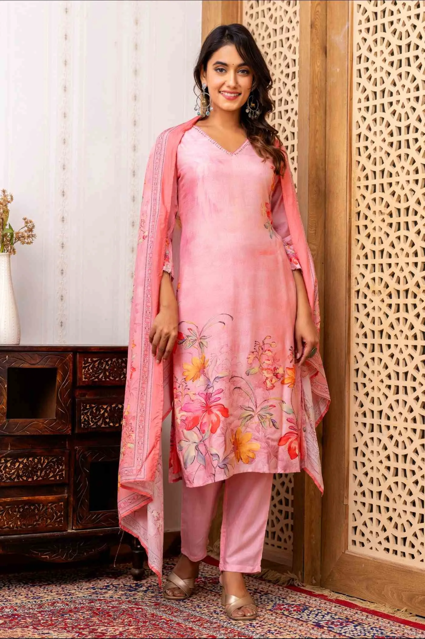 Pink Floral Print Kurta Set with Dupatta