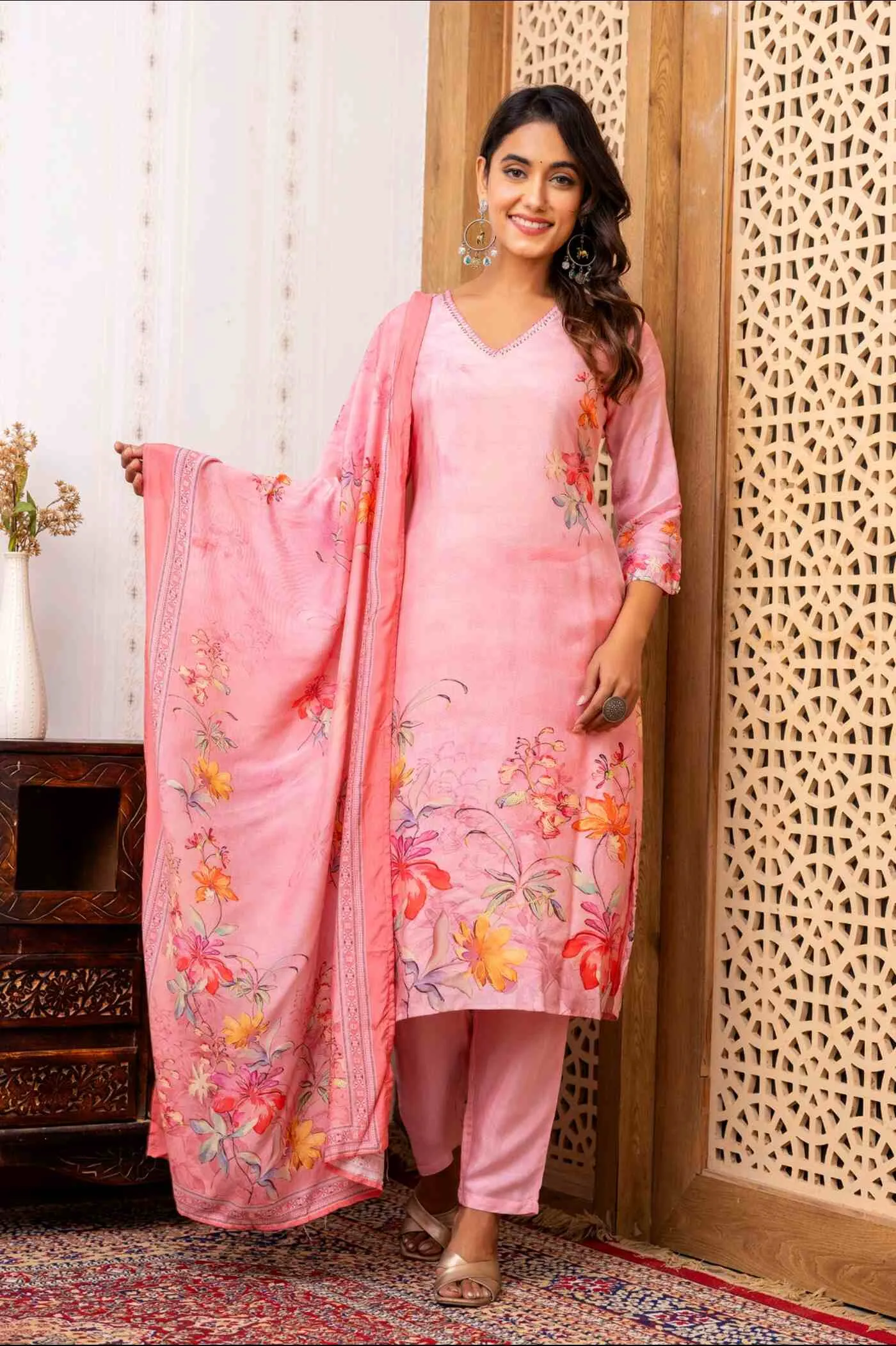 Pink Floral Print Kurta Set with Dupatta