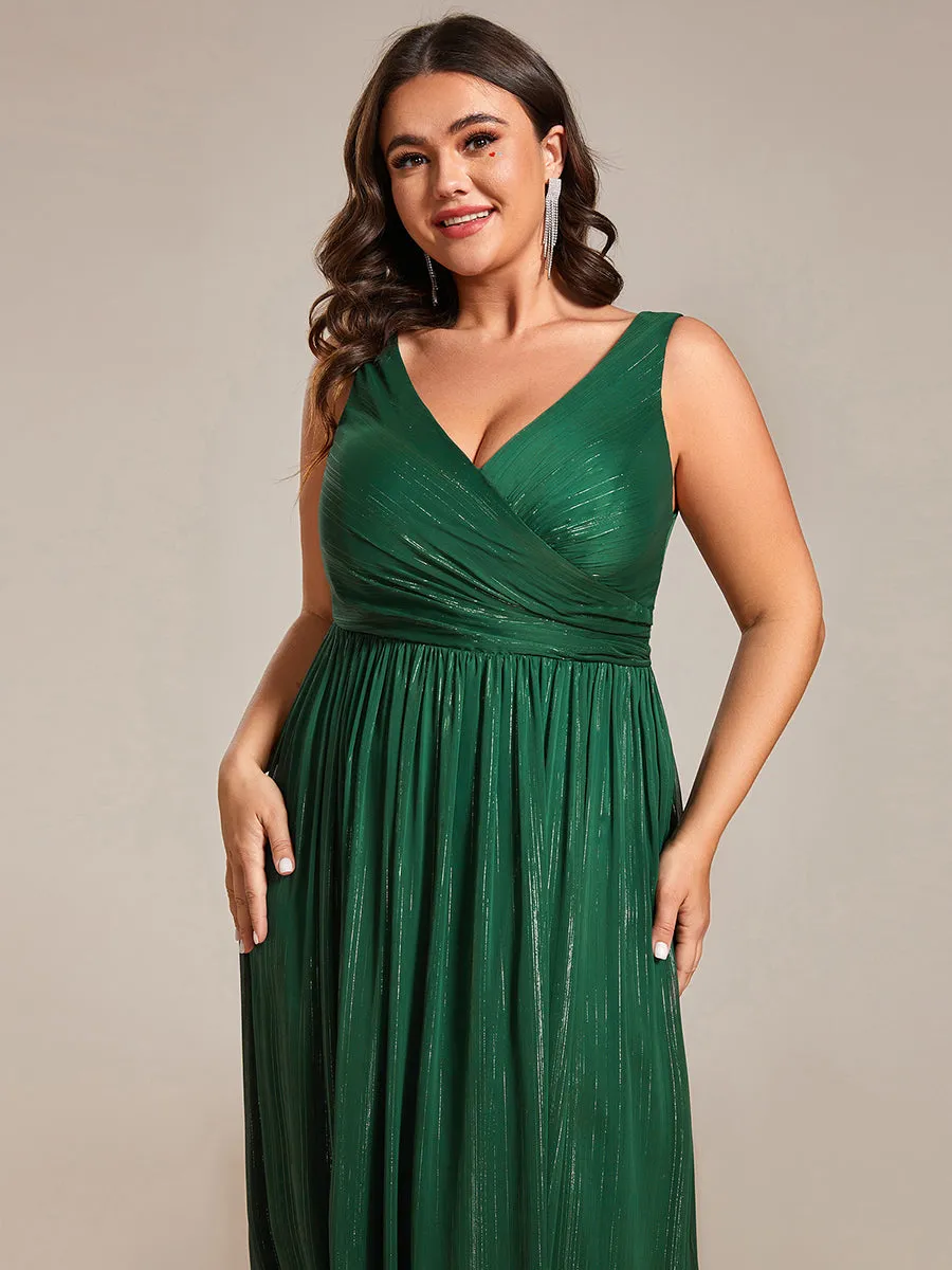 Plus Glittery Floor Length V-Neck Sleeveless Evening Dress