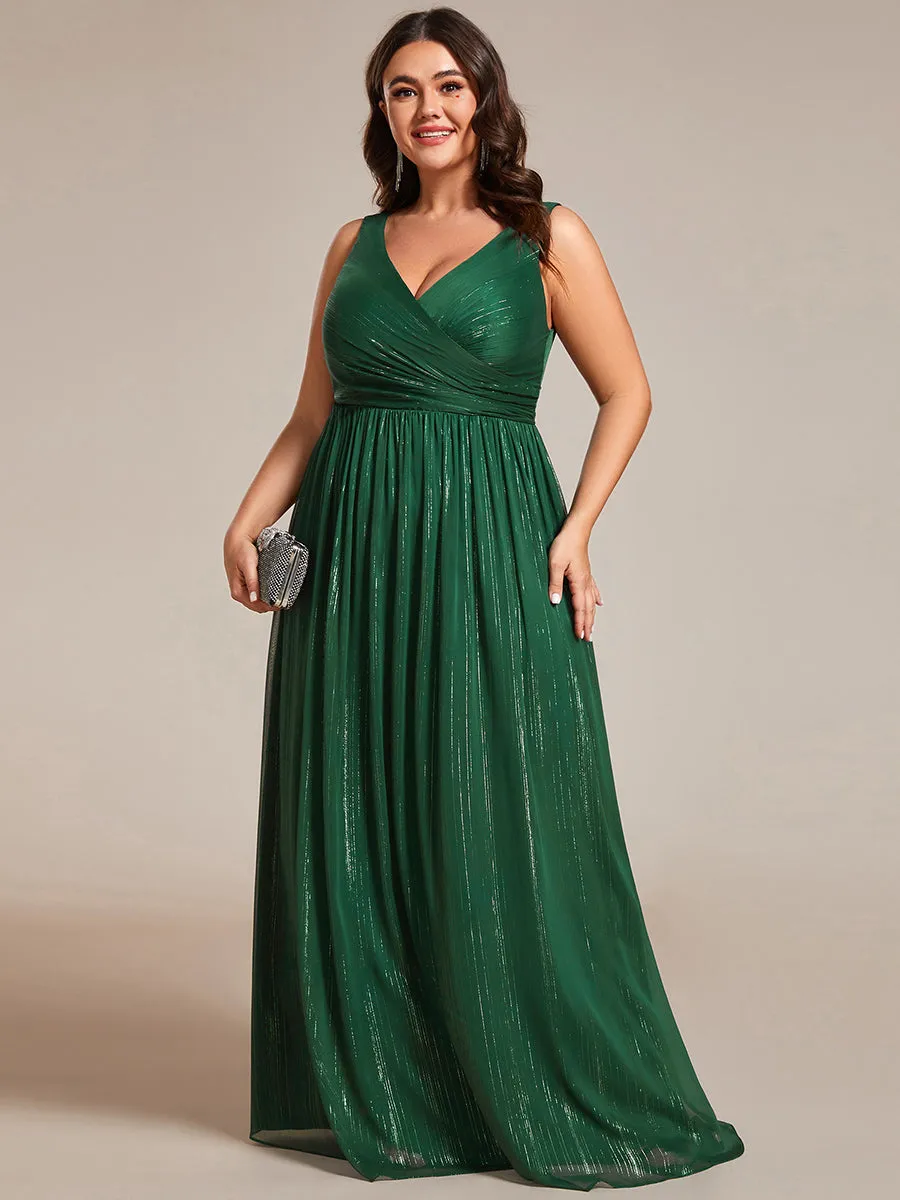 Plus Glittery Floor Length V-Neck Sleeveless Evening Dress